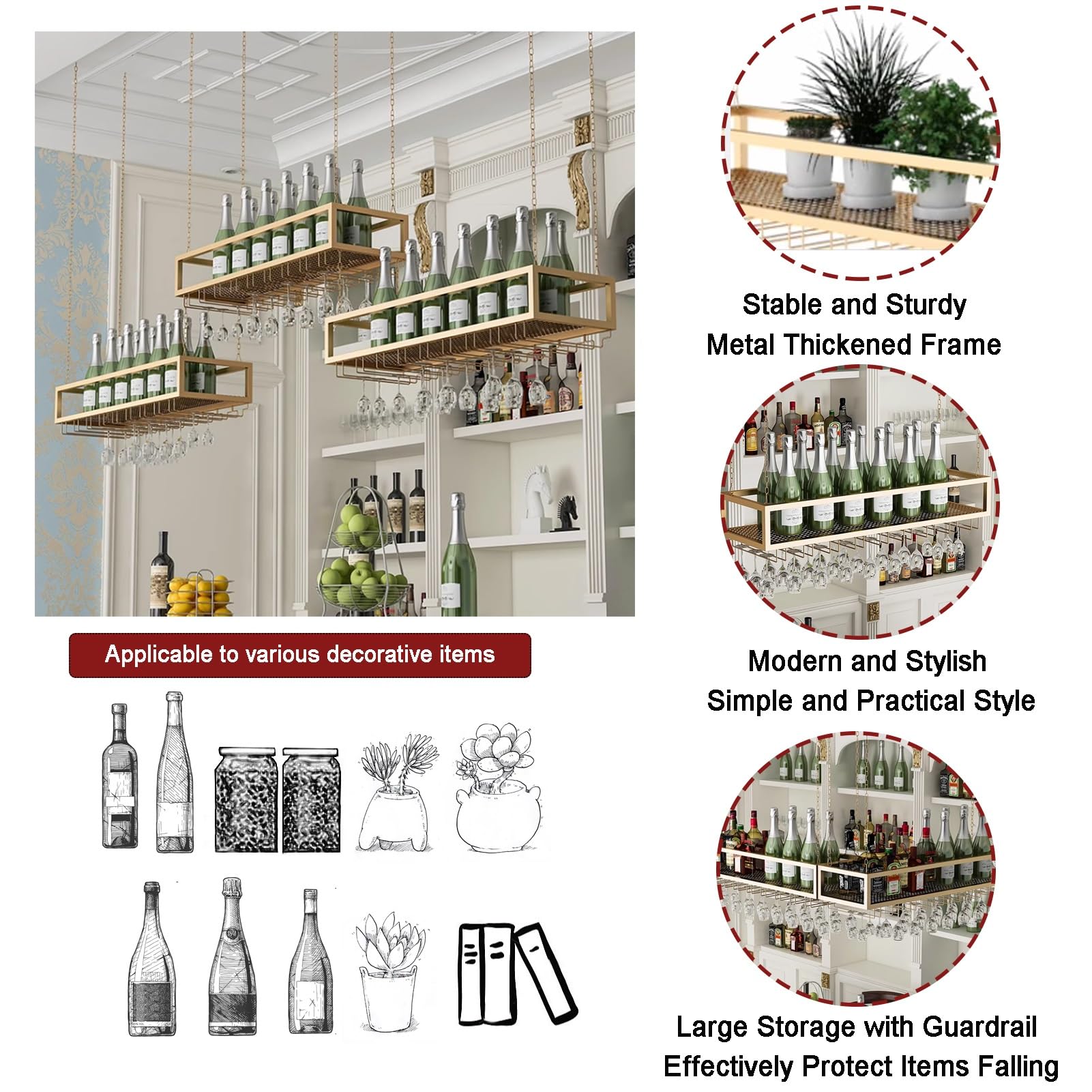Vinta naścienny stojak na wino, metalowy uchwyt sufitowy na butelki, stylowa pływająca półka do przechowywania, do domu, baru i kawiarni, elegancki wyświetlacz, 100 x 25 x 20 cm