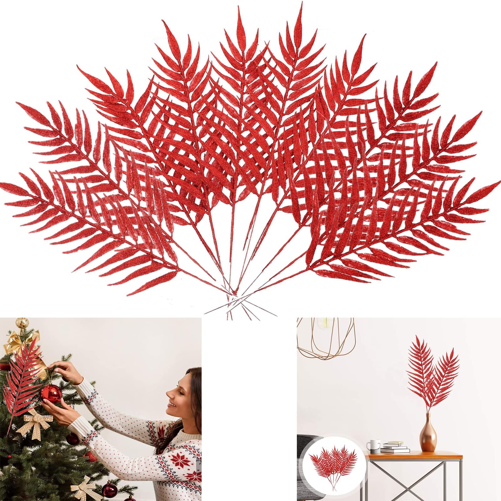 10pcs Christmas Glitter Fern Ornament Xmas Wreath Arrangements Garland Tree Decor Artificial Leaves for Baby Shower Wedding Christmas Party Decoration (Red)