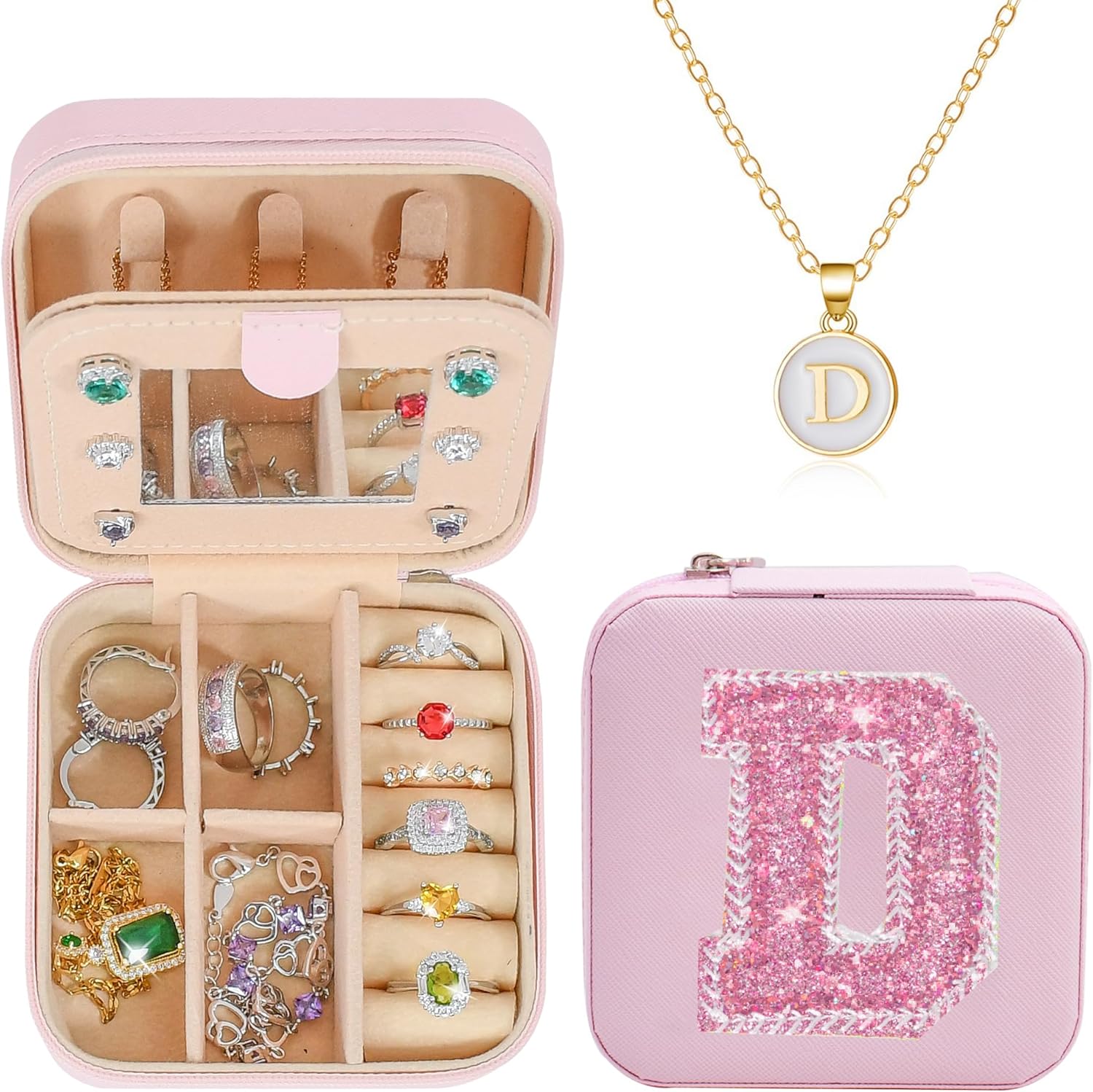 Travel Jewelry Case| Initial Jewelry Box Pendant Necklace| Multifunctional Personalized Jewelry Case| Birthday Gifts For Women, D-Pink