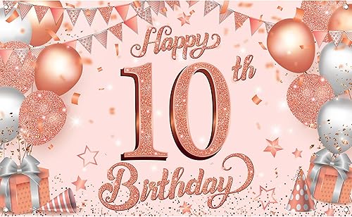 KatchOn, Xtralarge - Pancarta de feliz cumpleaños número 10, 72 x 44 pulgadas, pancarta de feliz cumpleaños de color oro rosa, pancarta de
