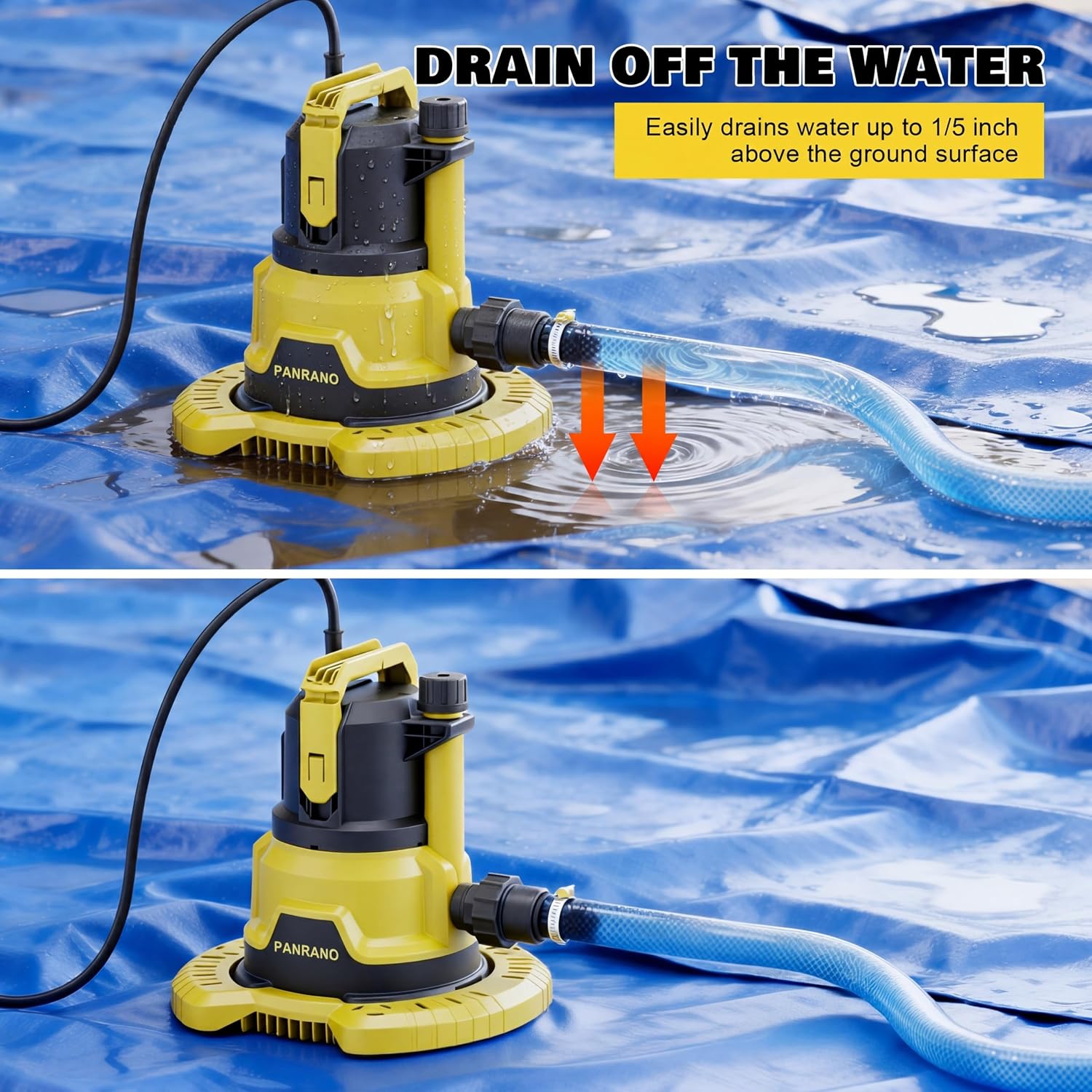 Pool Cover Pump, 1HP Submersible Water Pump with Detachable Base & Filter Sponge, Dual Outlets, Sump Pump For Pool, Hot Tubs, Pond, Yellow