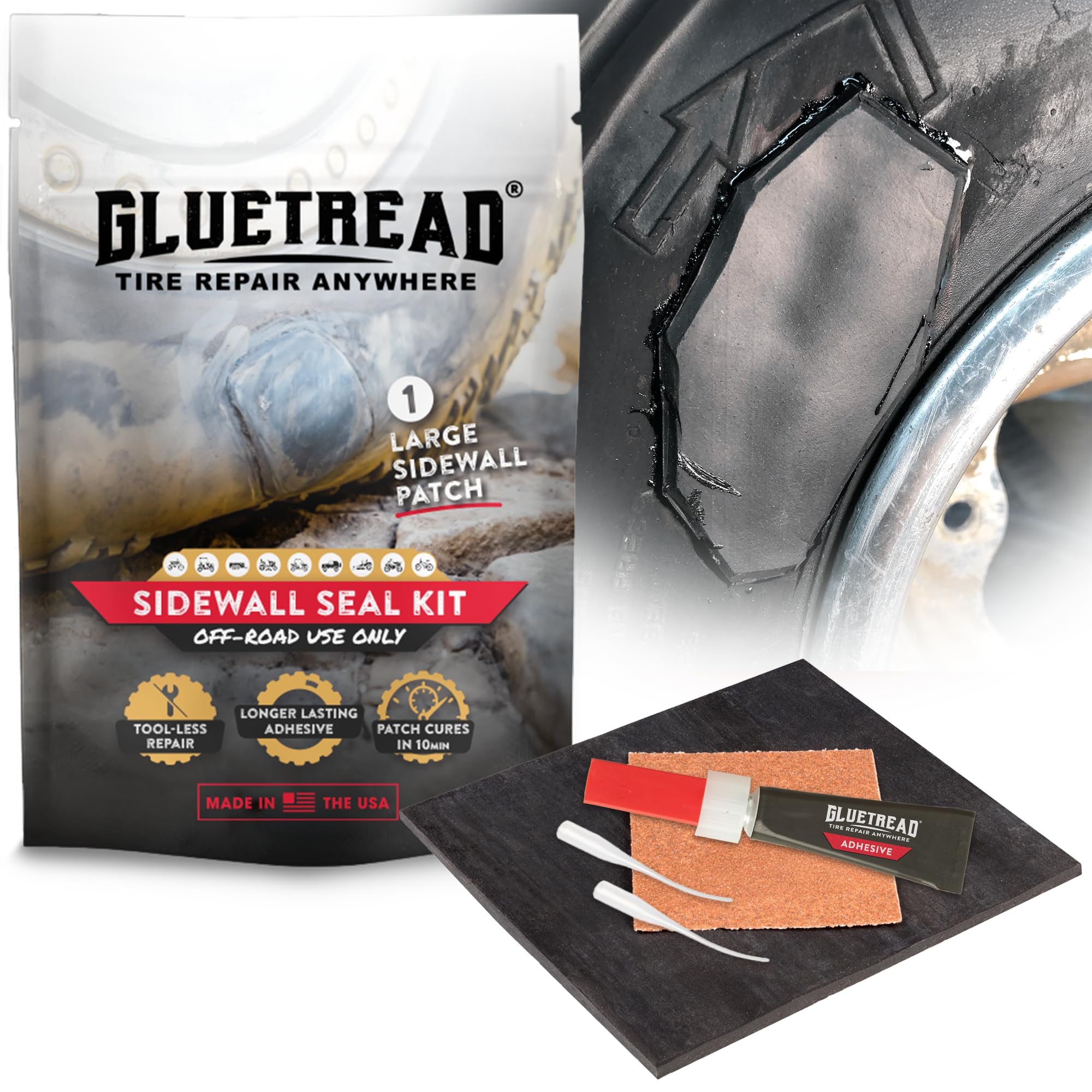 GlueTread Sidewall Repair Kit - Patch Sidewall of Your Tire - Kit Includes (1) 4"x4.5"x3/16 Patch, (4) Pieces of Sandpaper, Adhesive & Instructions