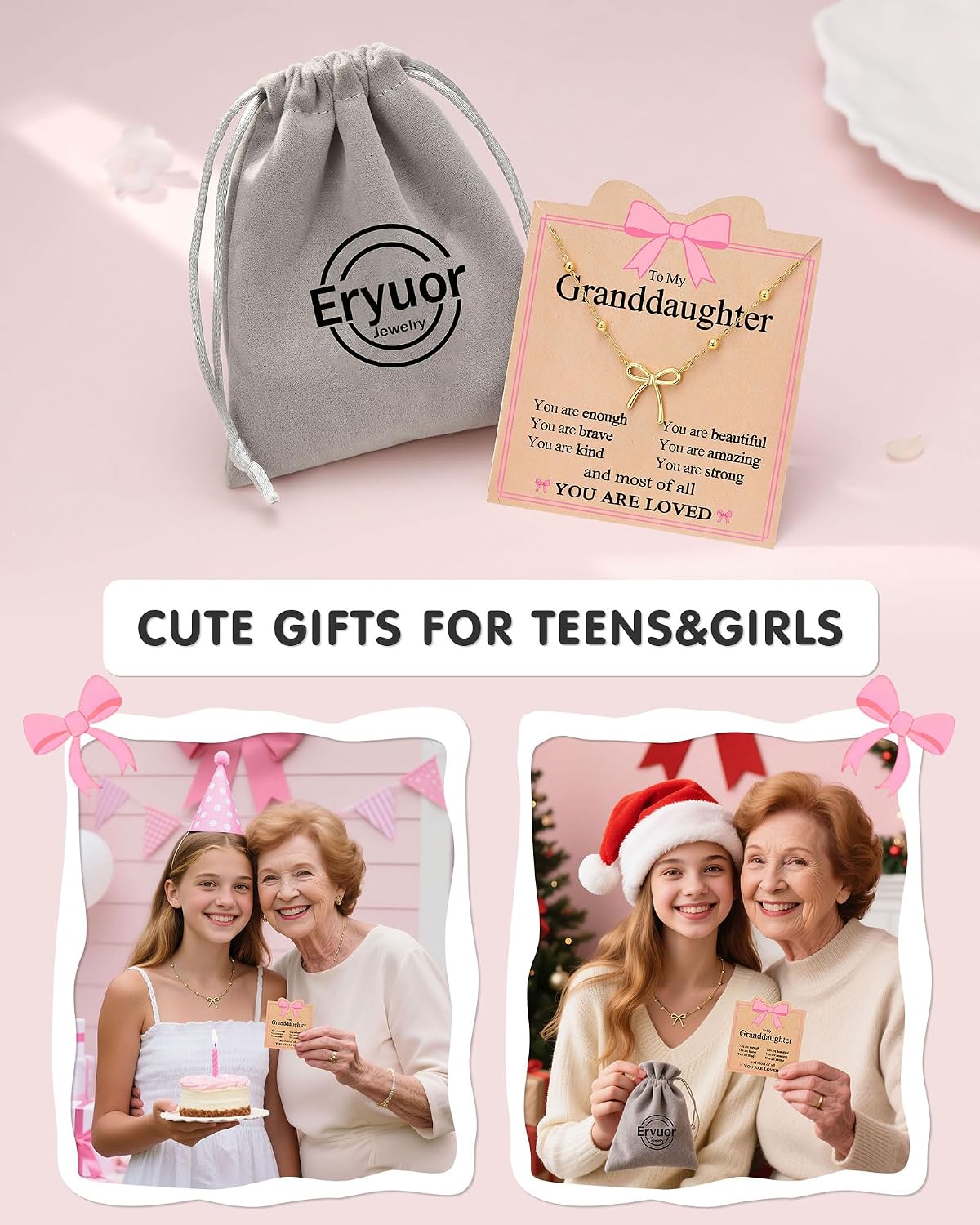 Eryuor You Are Loved - Cute Gold Bow Necklace Jewelry Gifts for Granddaughter Daughter