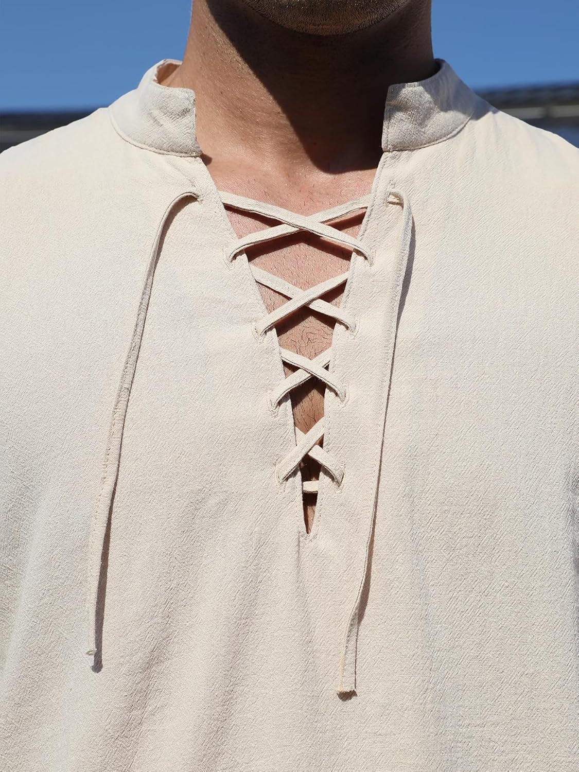 Men Renaissance Shirt V-Neck Lace Up Collar Medieval Viking Mens Halloween Pirate Costume