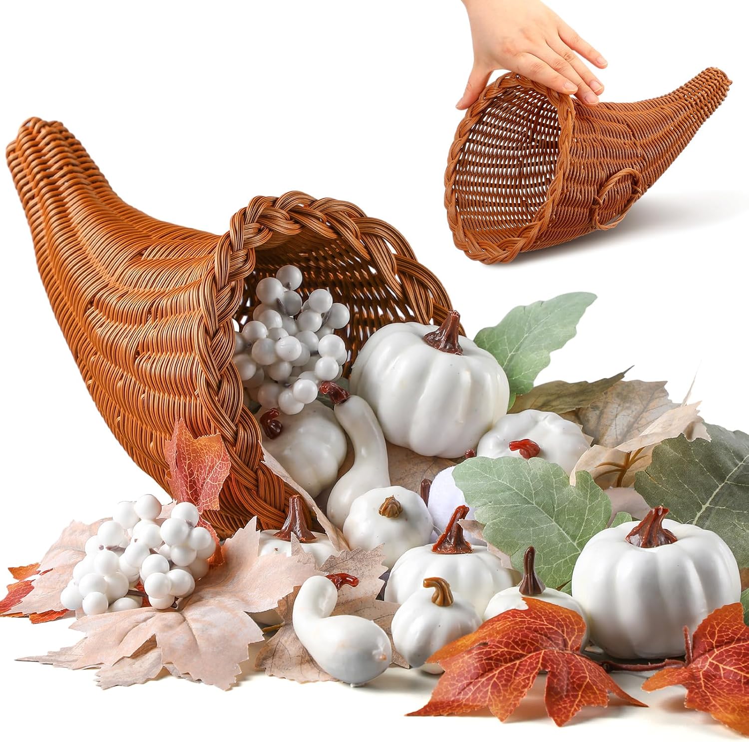 Thanksgiving Cornucopia Basket Set Fall Table Centerpieces 13.78'' Thanksgiving Large Cornucopia Horn of Plenty Harvest Decorations with 100 Pcs Artificial Leave Acorn Pumpkin for Table Home(Classic)