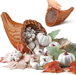 Cornucopia Basket Set Fall Large Cornucopia Centerpieces Horn of Plenty Fall Harvest Decorations with 100 Pcs Artificial Leave Acorn Pumpkin Decoration for Home Thanksgiving Table(Neutral)