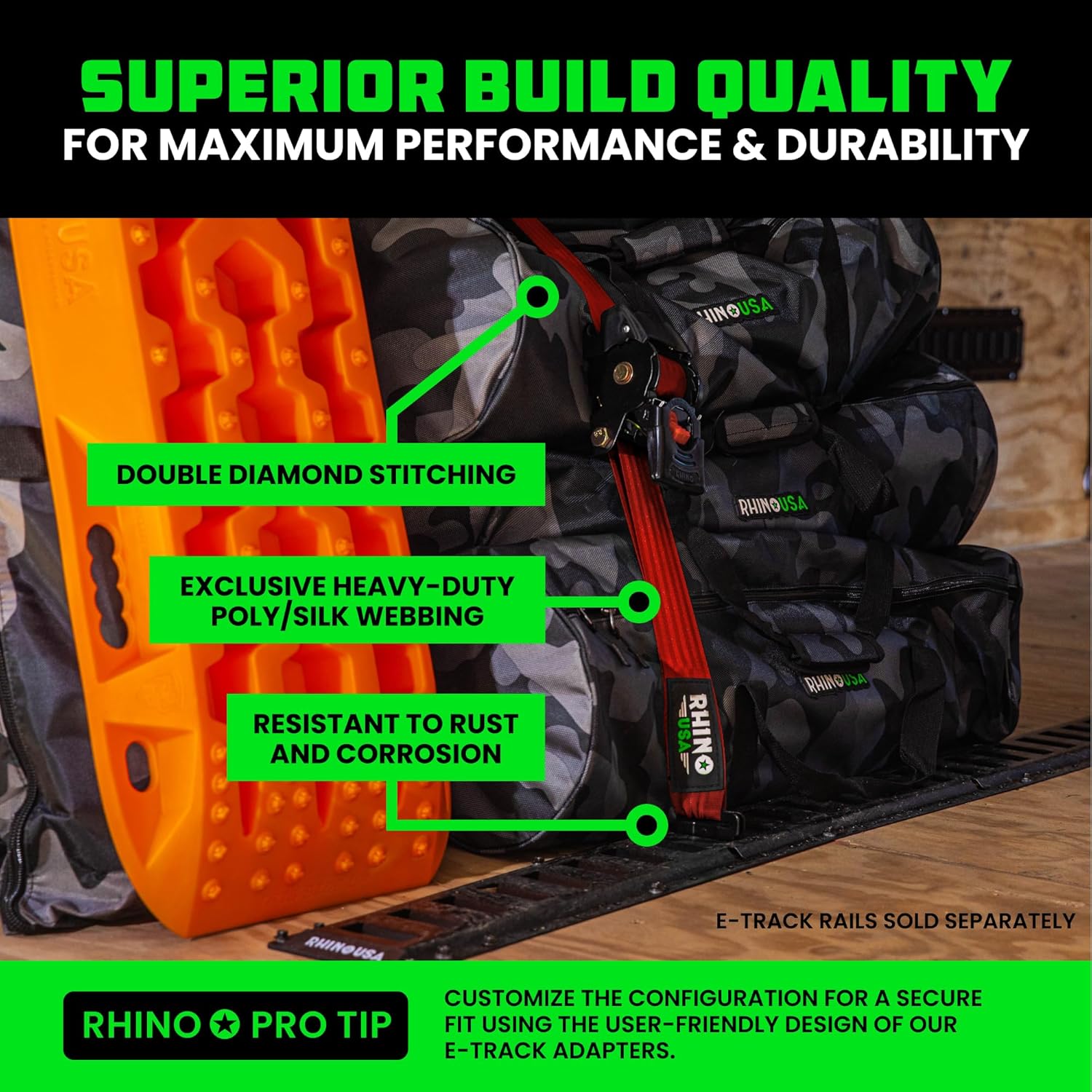 Rhino USA E Track Retractable Ratchet Tie Down Straps - 3033lb BreakStrength - Only for E Track Rail Systems. 4 Premium 2" x10' eTrack Tie Downs-Heavy Duty eTrack Cargo Strap System for Trailer -Red