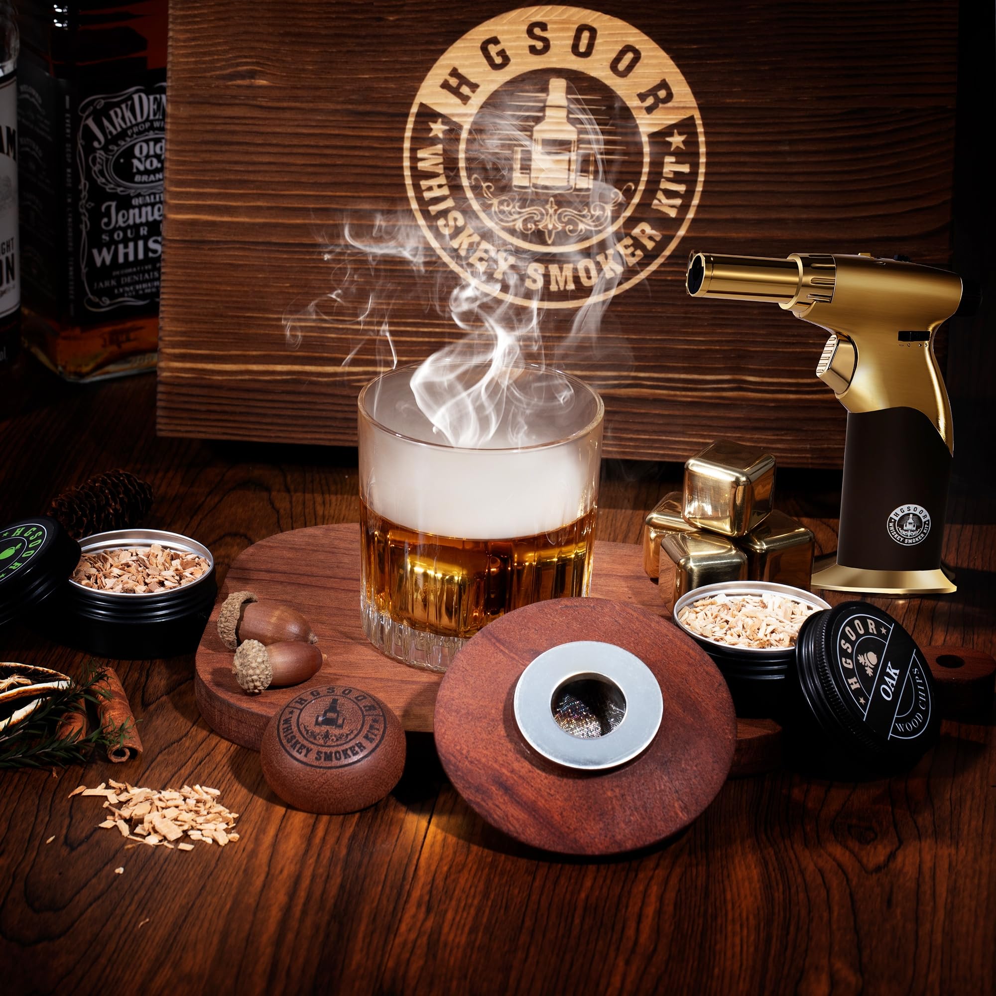 Kit de ahumador de whisky, kit de ahumador de bebidas antiguas, kit de ahumador de cóctel con linterna, 4 sabores de chips de madera y piedras de whisky, kit de ahumador de bourbon, regalos de