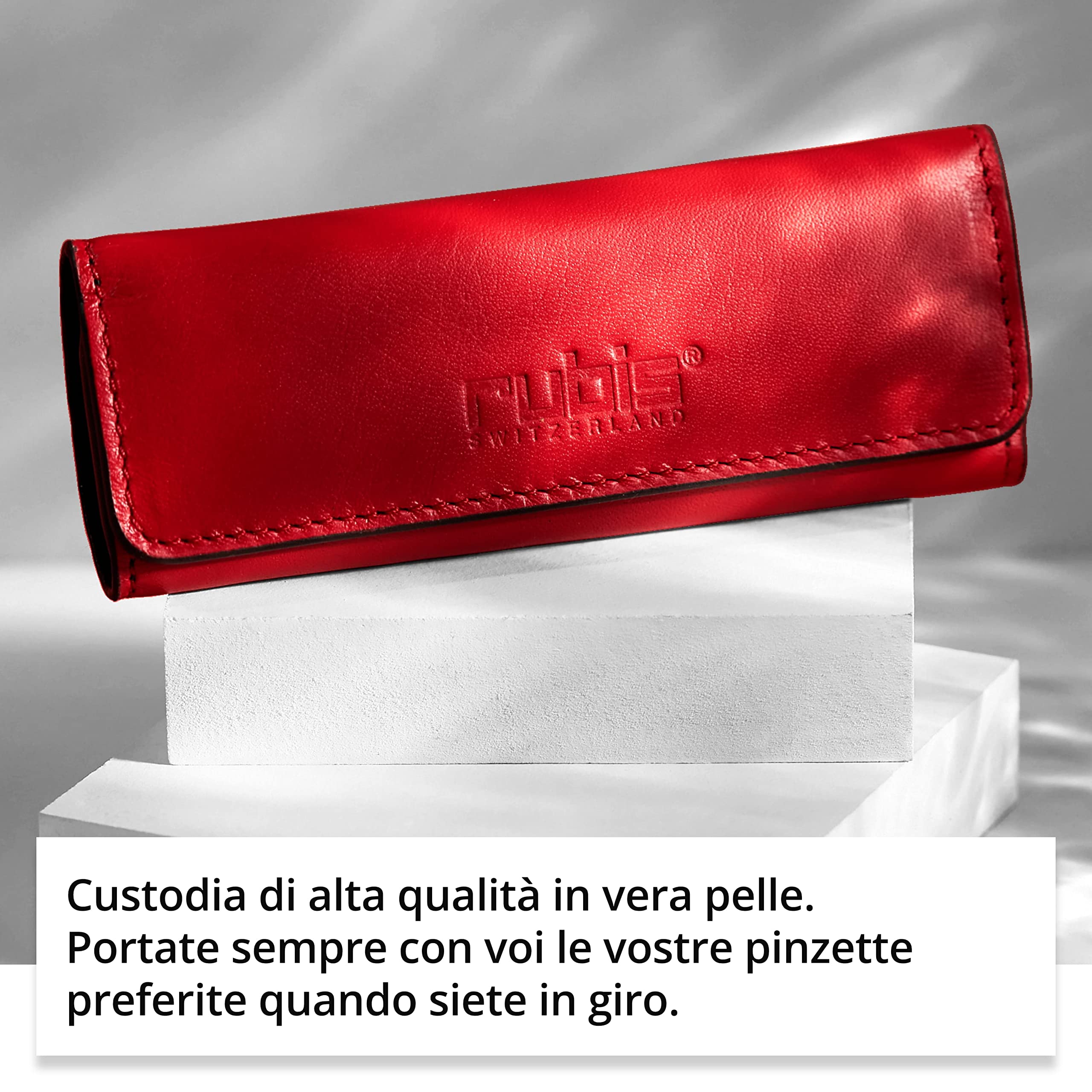 Rubis Pinzette – Pinzette per sopracciglia oblique, in pelle rossa, con borsa a mano, specchio per viaggiare, punta obliqua per la depilazione