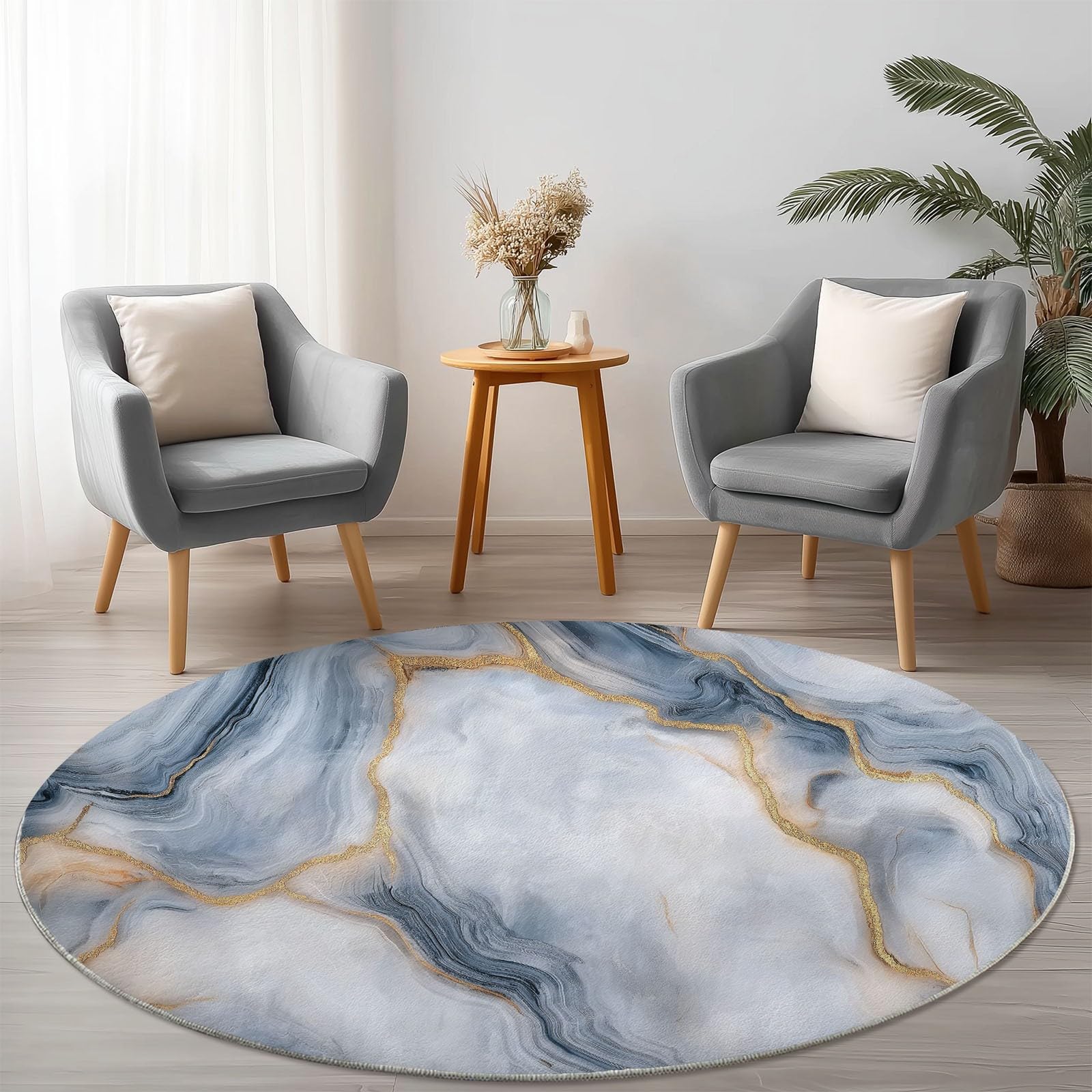 Tappeto Rotondo Moderno e Minimalista Effetto Marmo, 120 cm, Grigio, per Soggiorno, Area Circolare con Retro Antiscivolo, Lavabile, Morbido Tappeto Stampato per Camera da Letto, co