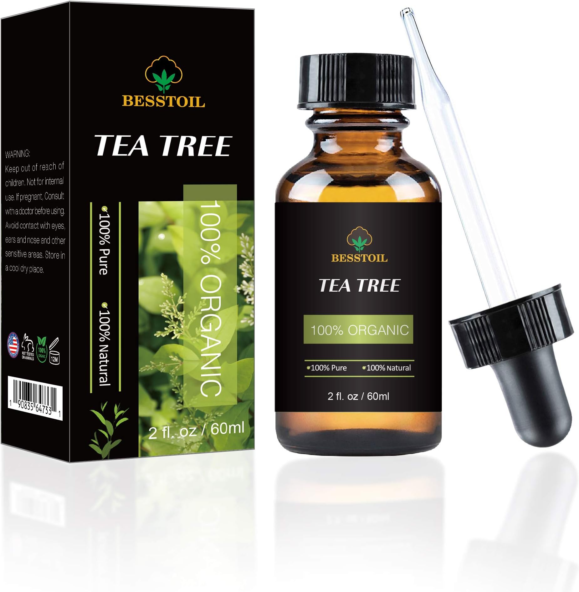 Tea Tree Essential Oil 100% Organic Pure and Undiluted, Face Nails Hair and Diffuser, Treatment for Acne (60 ml)