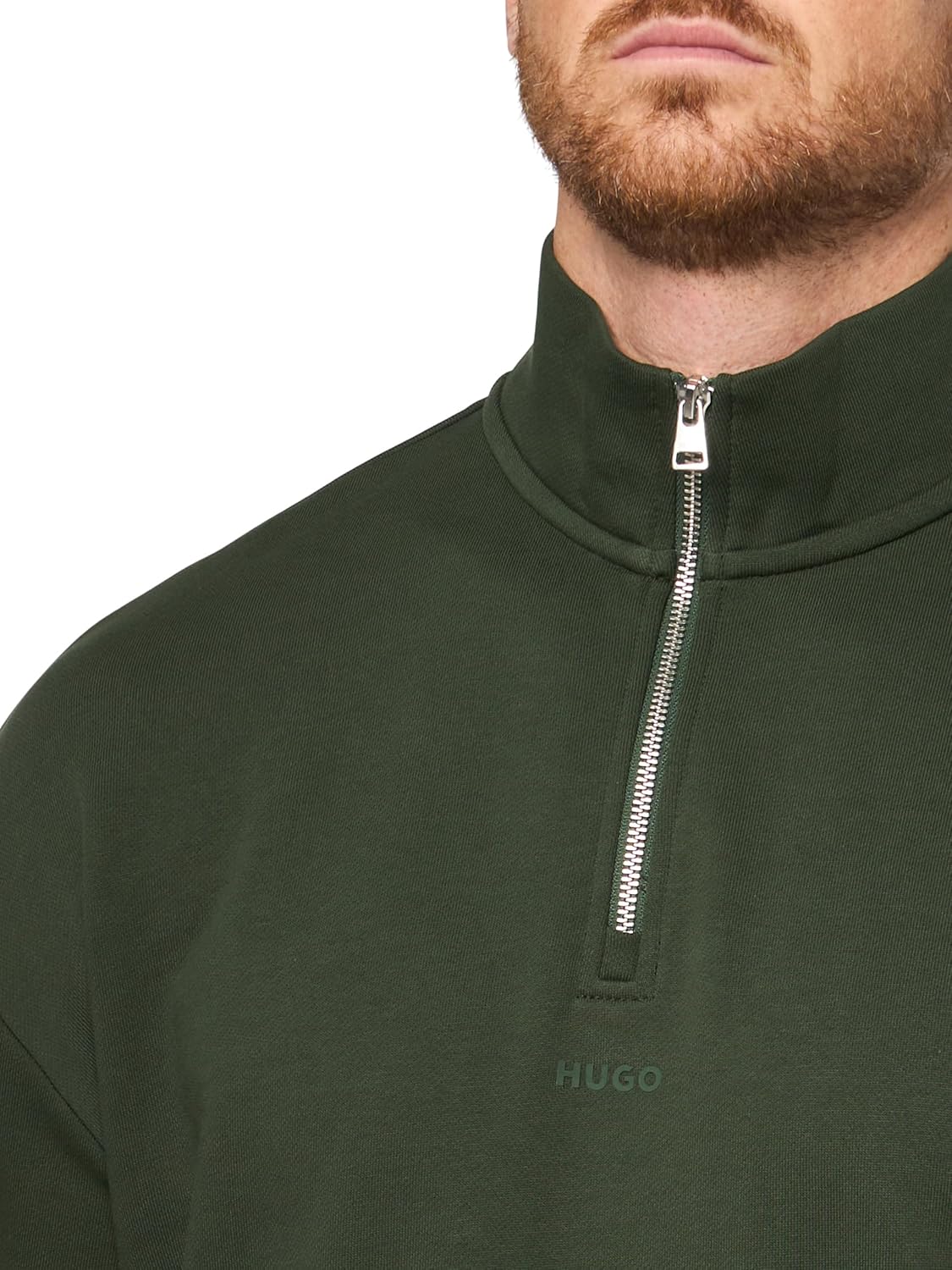 HUGO Men's Square Logo Quarter Zip Cotton Long Sleeve Sweatshirt