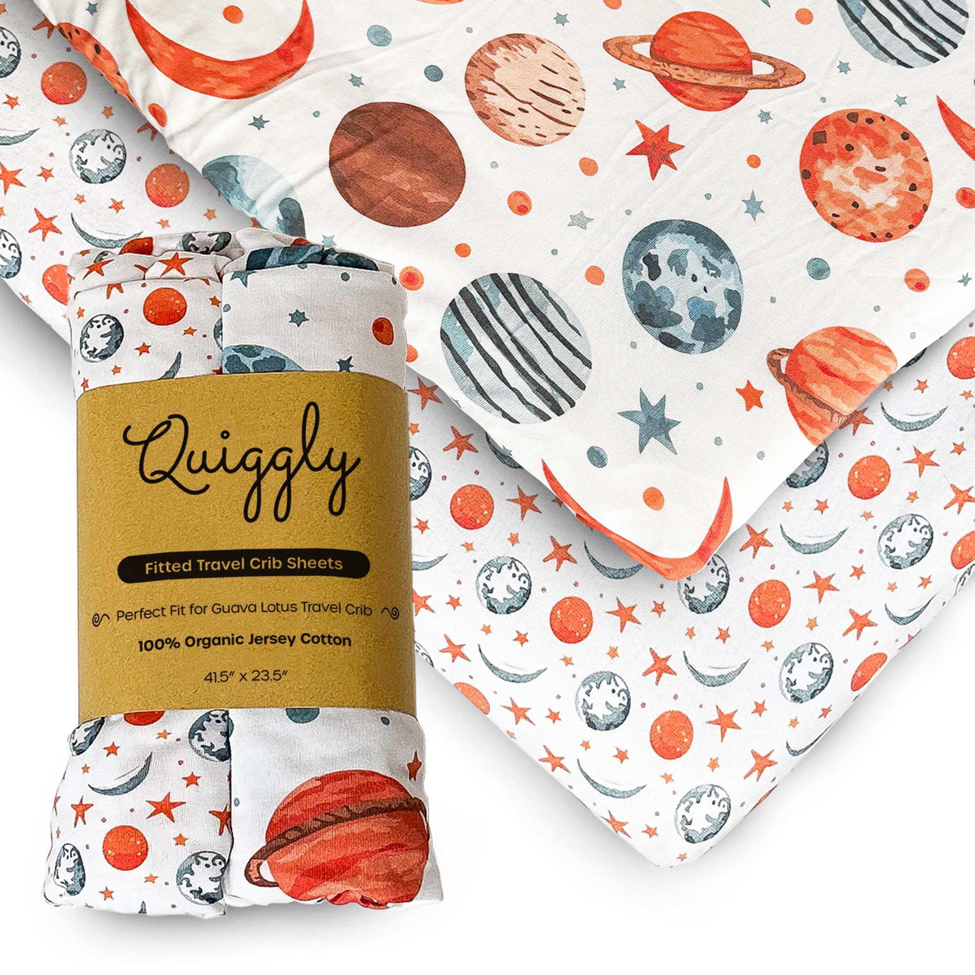 Quiggly Travel Crib Sheets for Guava Lotus, 2 Pack Organic Cotton Jersey Knit, Space, Planet & Star Patterns - Fits Travel Crib Mattress for Boys &