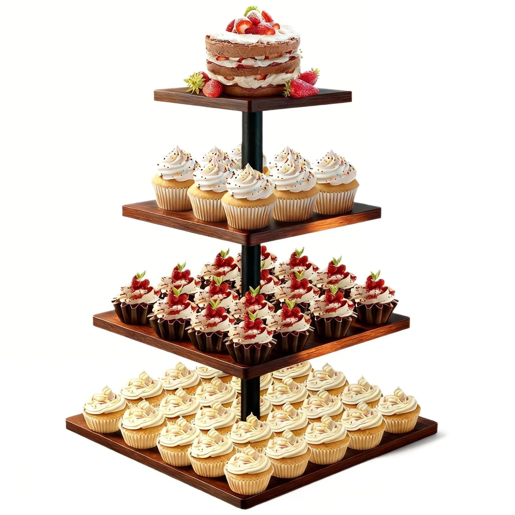 4-stöckige Etagere Holz Tortenständer | Cupcake Ständer & Servierständer für Desserts, Gebäck & Obst | Rustikaler Kuchenständer für Hochzeit, Party & Küche | Stabiles Design mit Metallrahmen