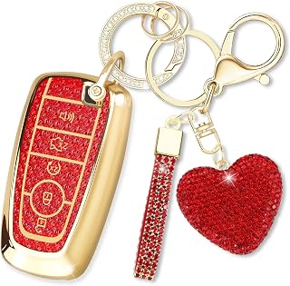 Key Fob Cover with Diamond Keychain, Car Key Shell Compatible with Ford Explorer Fusion Edge Expedition F150 F250 F350 F450 F550 Maverick Mustang for Women (5 Buttons-Red Heart)