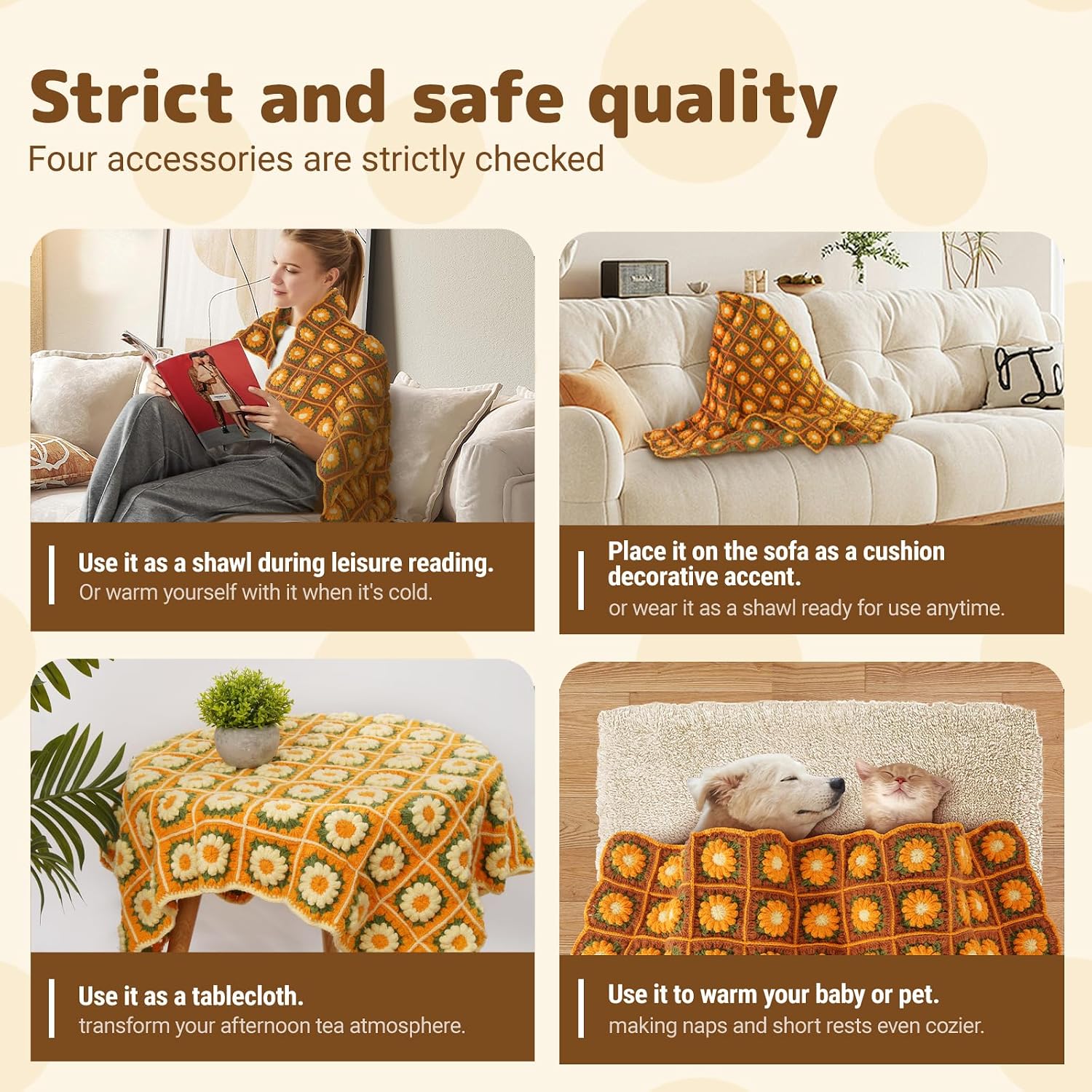 WILSHIN Granny Squares Blanket Crochet Kit for Beginners – Soft Yarns, Detailed Instructions & Step-by-Step Tutorials, Easy Crochet Starter Kit, Craft Gift for Adults (Brown Sunflower)