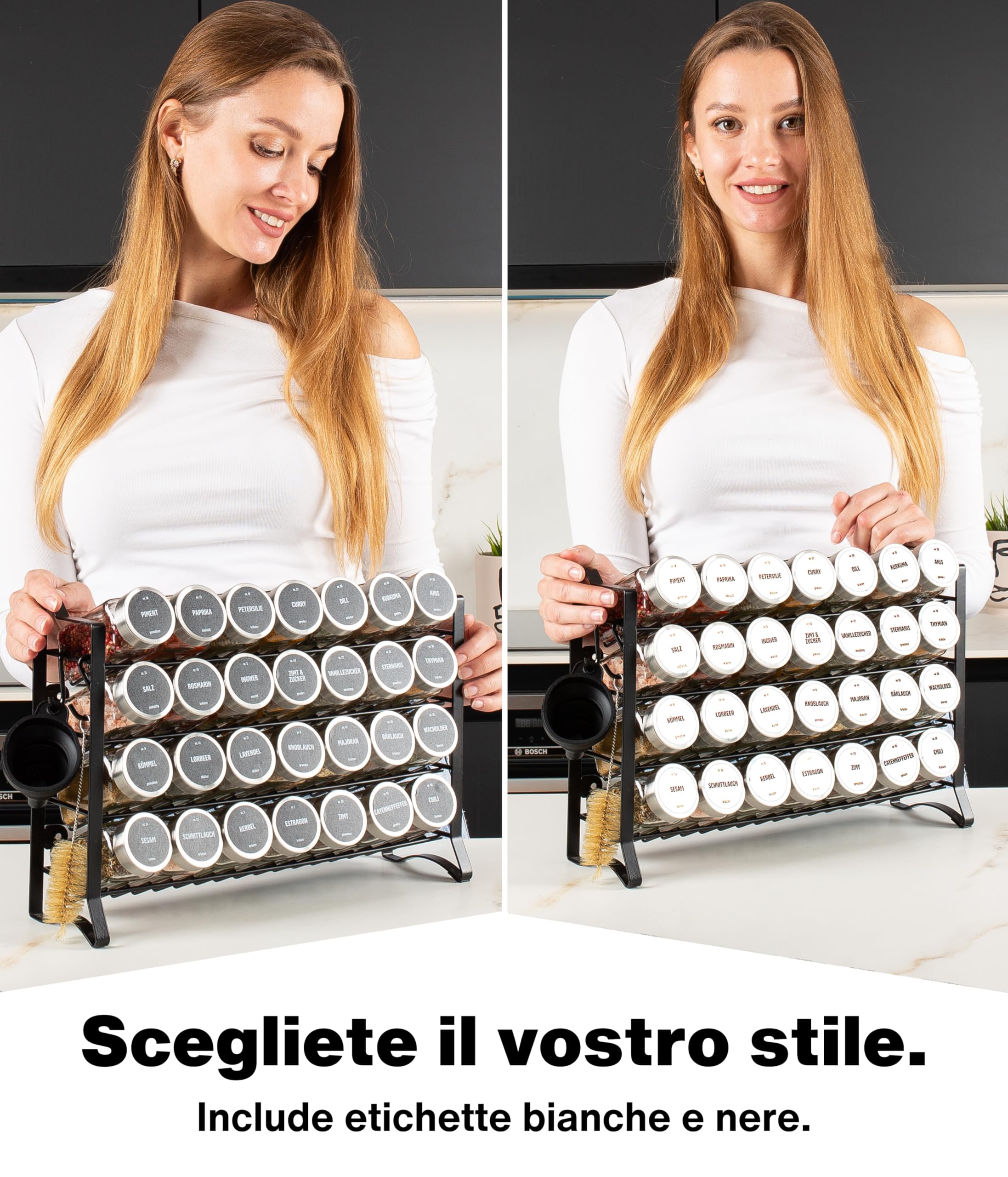Deco haus® Porta Spezie per Cucina - Portaspezie con 28 Barattoli Spezie, Portaspezie Salvaspazio, Set Cucina 28 Vasetti di Spezie, 144 Etichette Spazzola Imbuto Ganci - Design Indipendente o da Paret