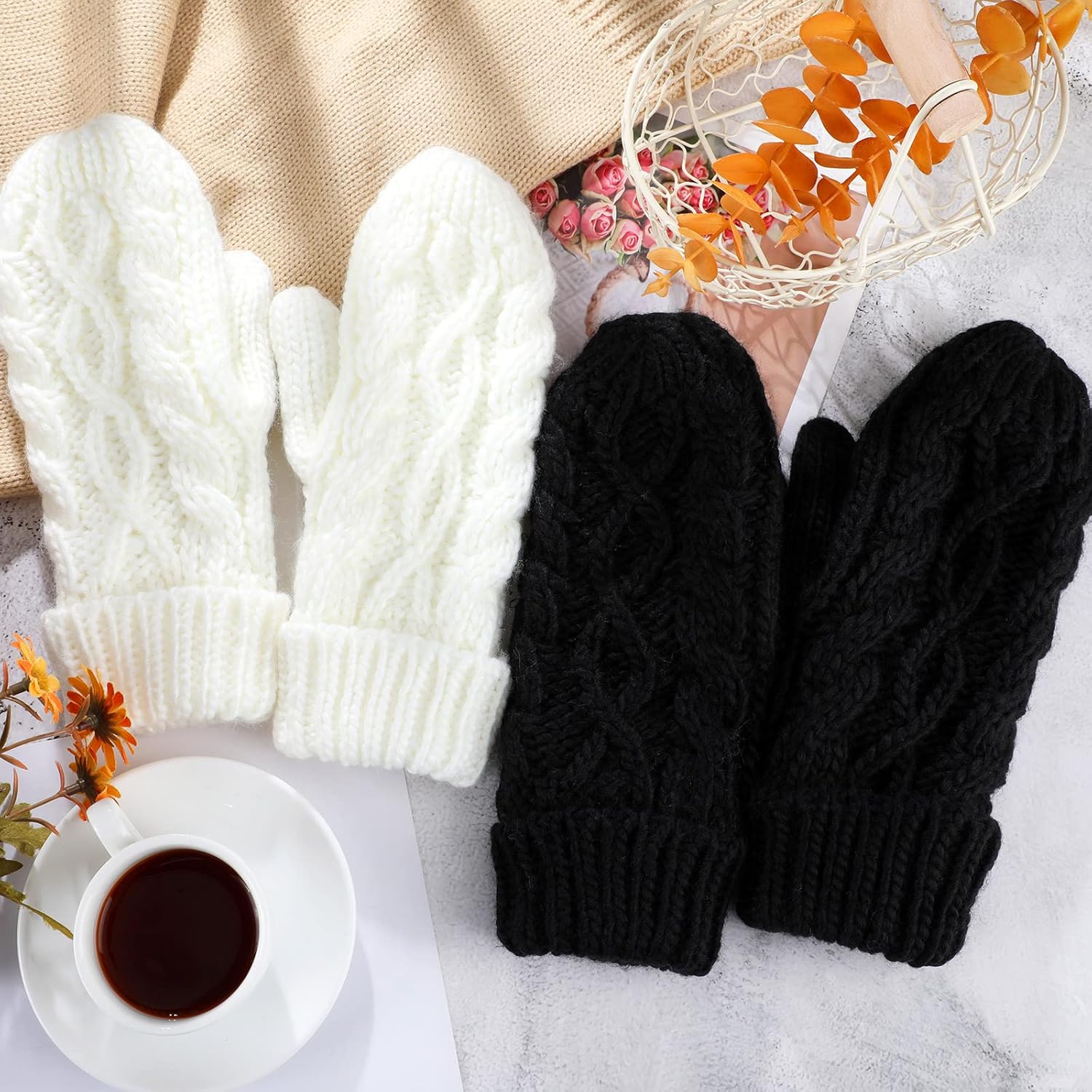 SATINIOR 2 Pairs Winter Gloves for Women Thick Warm Soft Plush Convertible Flip Top Mittens Full Finger Gloves for Girls - Image 7