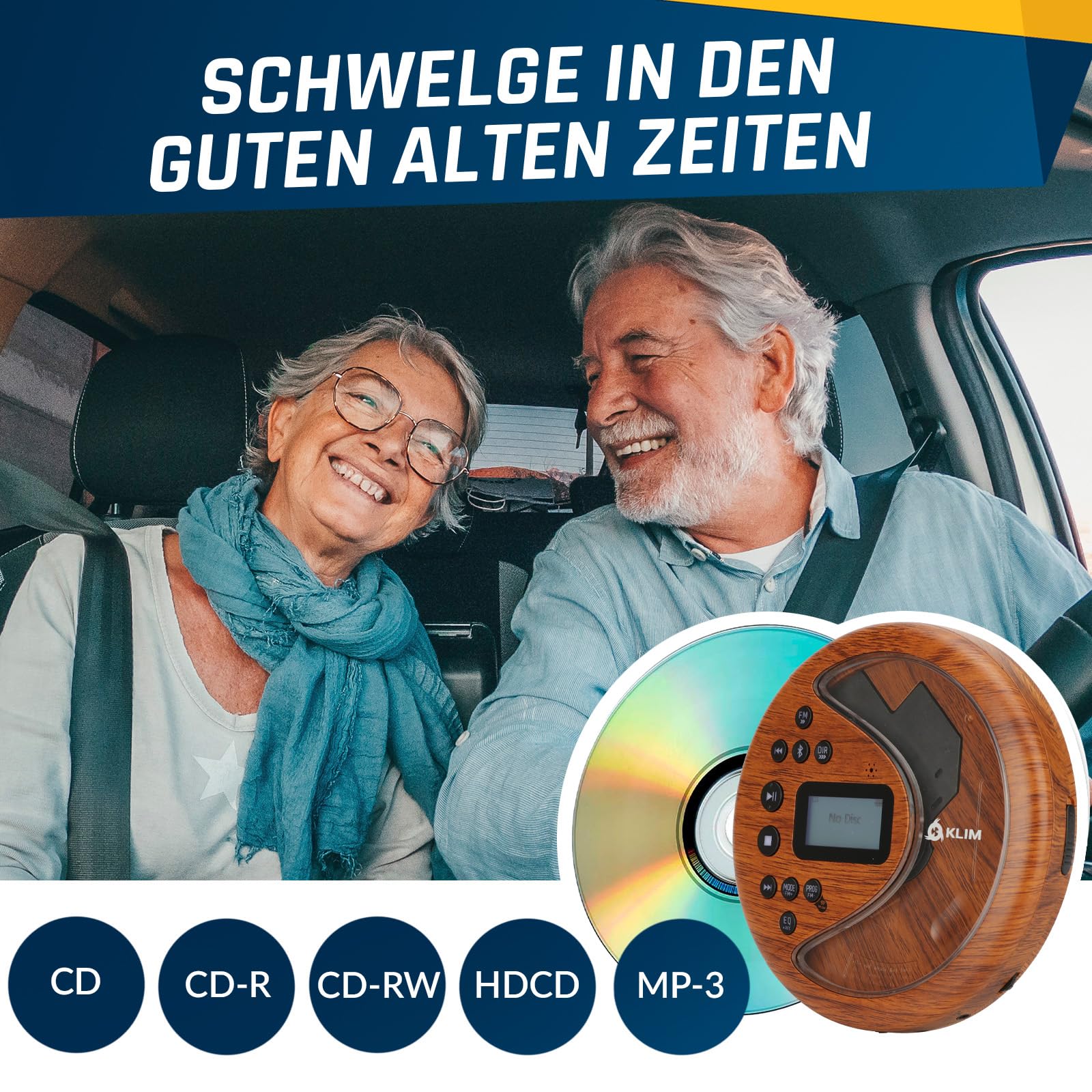 KLIM Discover + Tragbarer CD-Player Walkman mit langlebigem Akku + Mit Kopfhörern + Radio FM + Kompatibler MP3-CD-Player + SD-Karte, FM-Transmitter, Bluetooth + Ideal für Autos + Portable CD Player