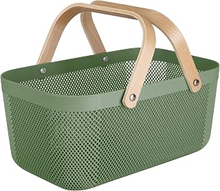 Simplify Large Mesh Plastic Storage Basket with Wooden Handle Forest Green Color | Garden Harvest Organizer | Kitchen Pantry Storage Bin