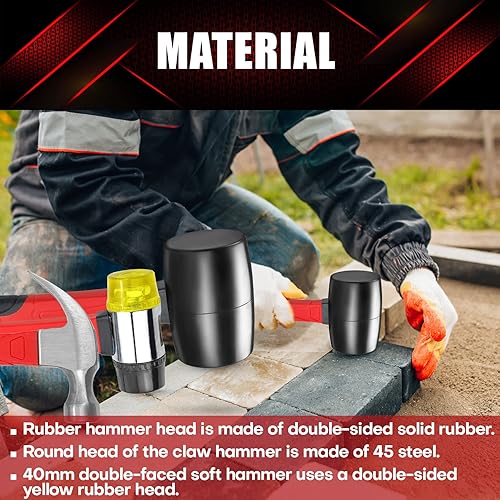 Miniatura 4 de YIYITOOLS Juego de martillos de 3 piezas, mazo de goma de 16 onzas, martillo de garra de 16 onzas y martillo suave de doble cara de 1.575 in con