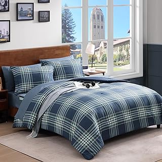 Plaid Queen Comforter Set, Midnight Blue Bedding Set 7 Pieces for Boys Girls Teen, Classic Farmhouse Bed in a Bag with Sheets, Pillowcases & Shams