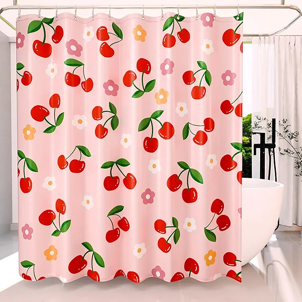 Anybar Fabric Shower Curtain Cute Floral Cherry Curtains Waterproof Soft Polyester Bathroom Curtain- Decorative Washable Privacy Cloth Long Shower Curtain for Bathroom Hotel (72x78inch) Pink
