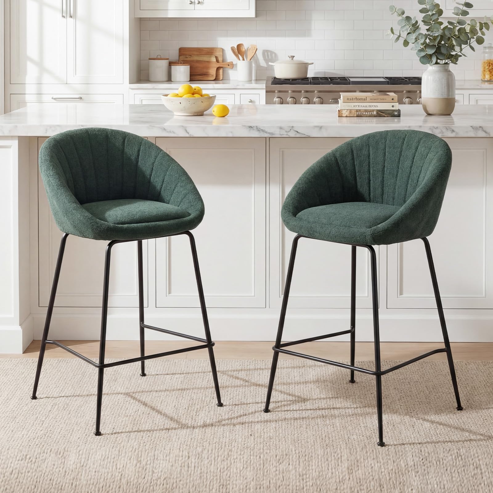 chairus Bar Stools Set of 2 Modern Kitchen High Chairs with Shell Back, Bar Chairs with Black Legs High Stools for Kitchen/Restaurant Islands, Green