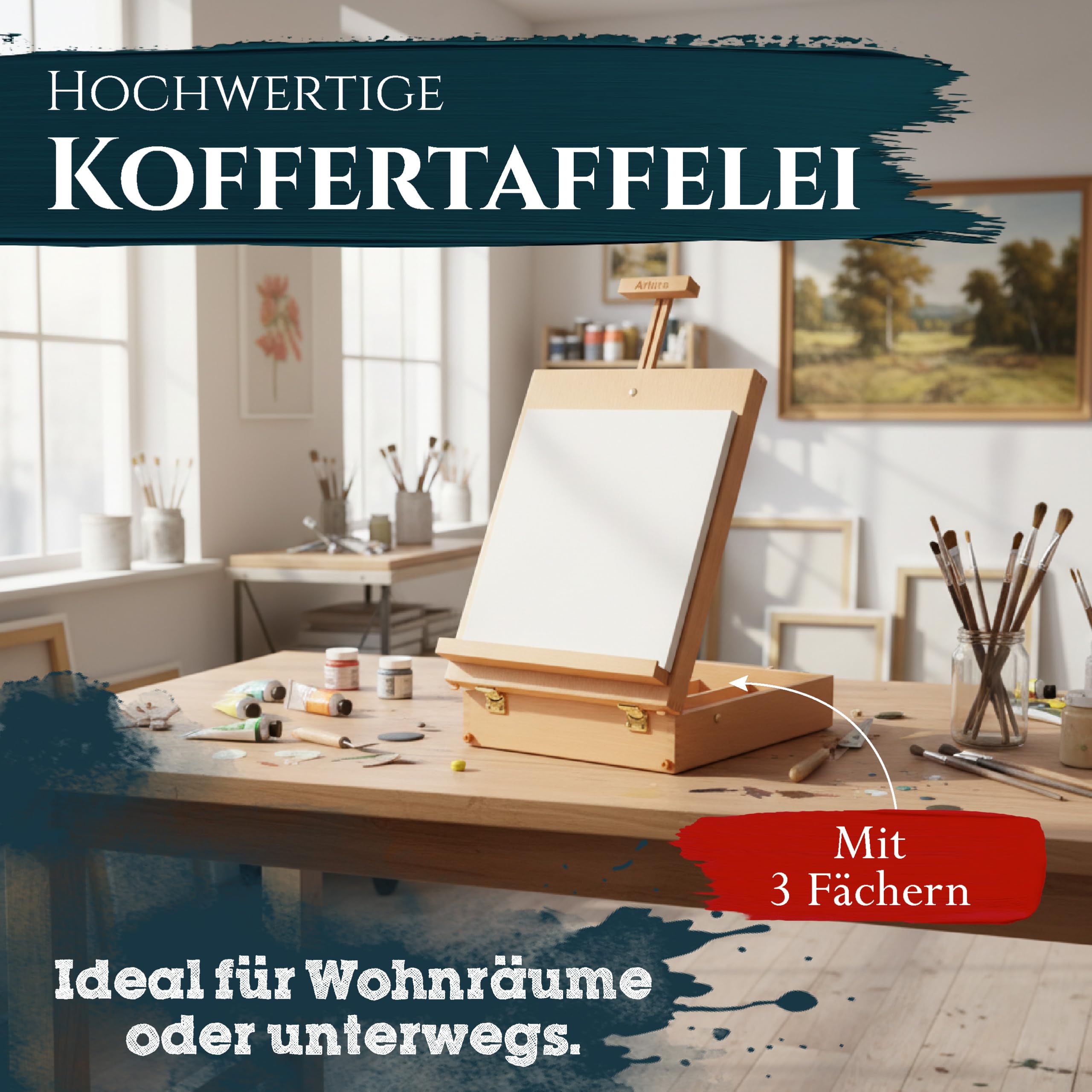 Artina Tischstaffelei für Keilrahmen bis 66 cm Nancy – Künstlerkoffer Verstellbare Holz Staffelei Tisch Buchenholz mit Tragegriff – Kofferstaffelei Malkoffer mit 3 Fächern für Farben & Pinsel
