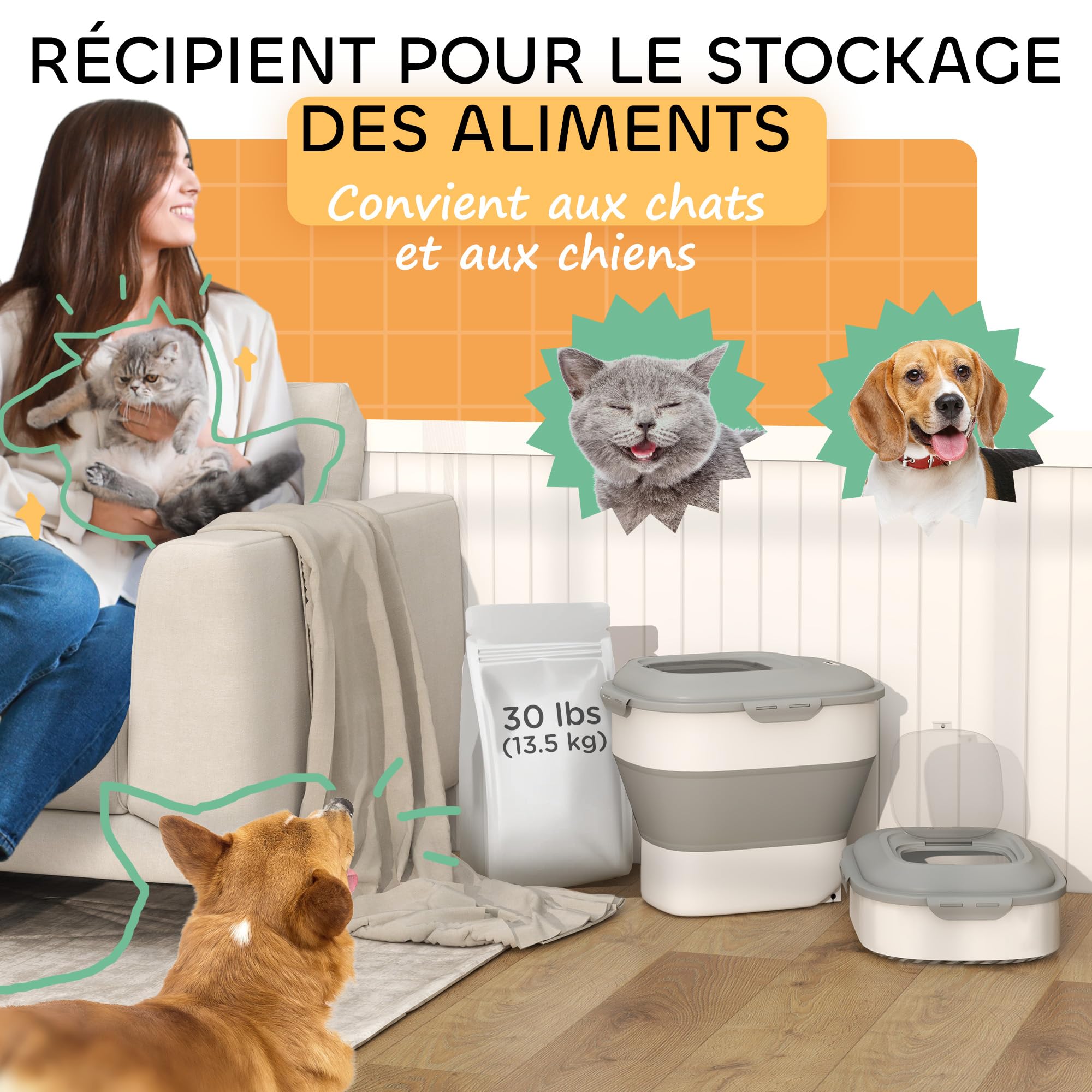 PawHut Conteneur à croquettes pour chien pliable 25L rangement hermétique pour nourriture avec couvercles hermétiques, roulettes, tasse, bol et cuillère, pour animaux de compagnie, gris