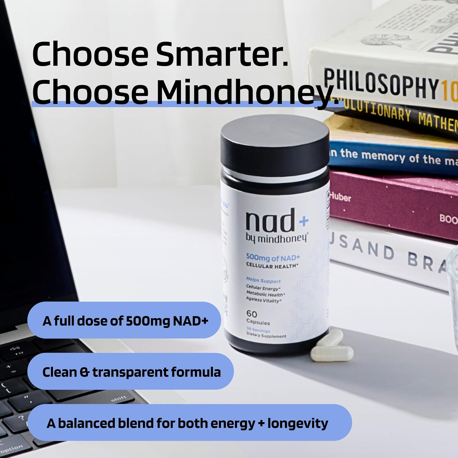 MINDHONEY | NAD+ Brain Supplement | 500mg NAD+ Premium Formula | Healthy Anti-Aging, Cellular Energy, Cognition, Metabolic Health, Heart + Muscle Support | Vegan, Non-GMO, Gluten-Free | 30 Servings
