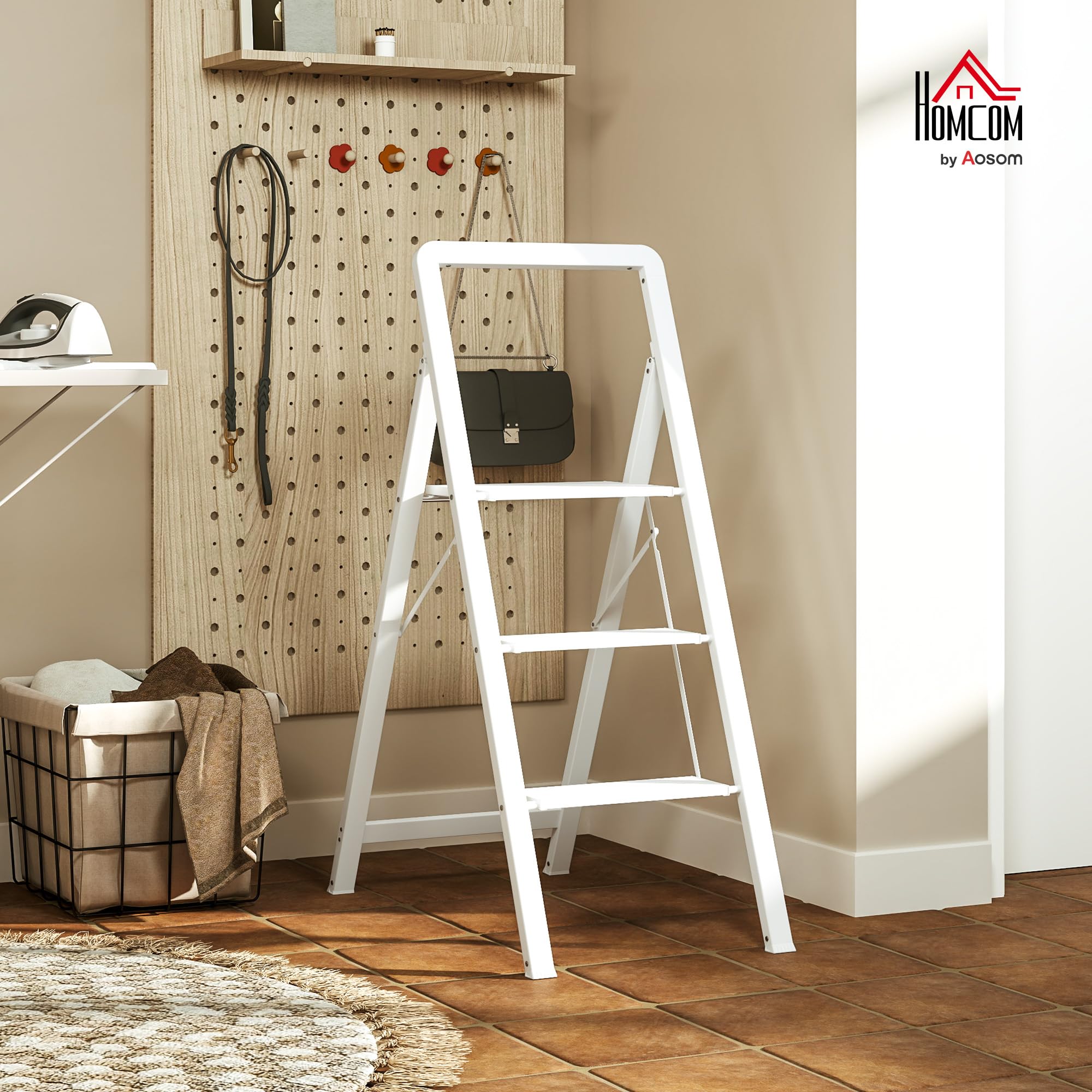 HOMCOM Drabinka 3 stopnie, składana, przenośna, 150 kg, aluminium, biała