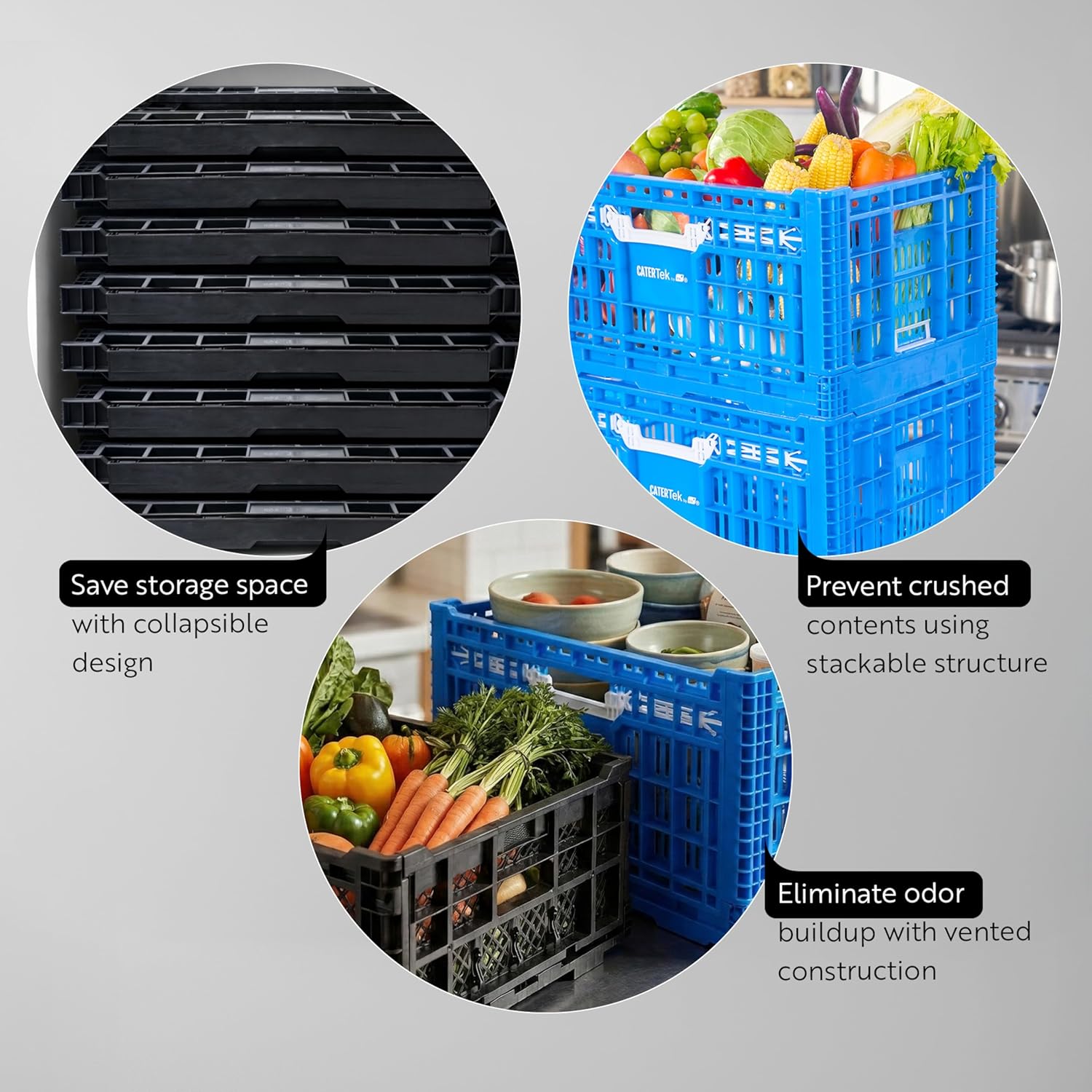 Restaurantware Plastic Milk Crates for Storage - 10 Pack - Cater Tek Stackable Storage Buns for Organizing - Collapsible Storage Basket for Groceries, Black