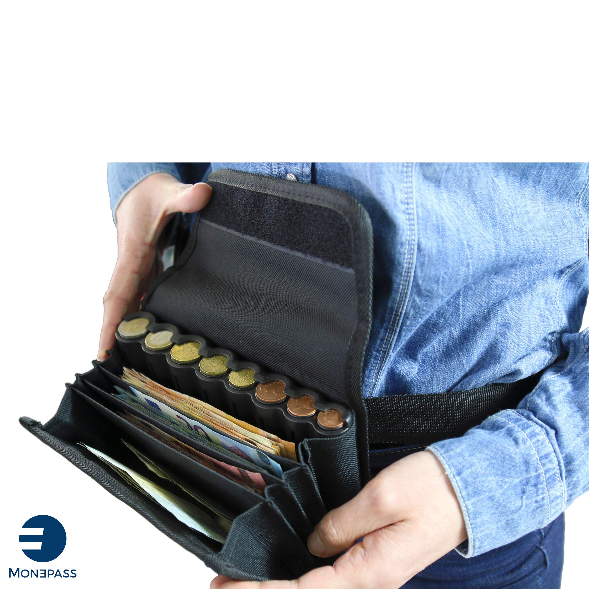Monepass - Wallet Kellnerbörse / Kellnertashe mit Abs Schwarz Münzsortierer- Klettverschlus - Ideal für Transportberuf