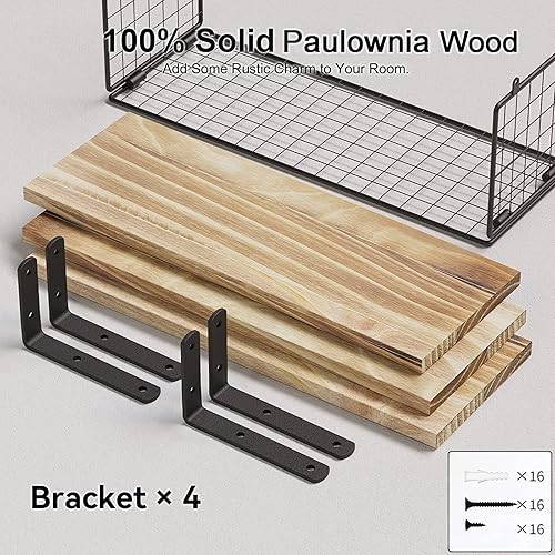 Miniatura 6 de Toalleros para baño montado en la pared, 3 estantes flotantes con cesta de almacenamiento, organizadores de baño, estantes de madera rústica