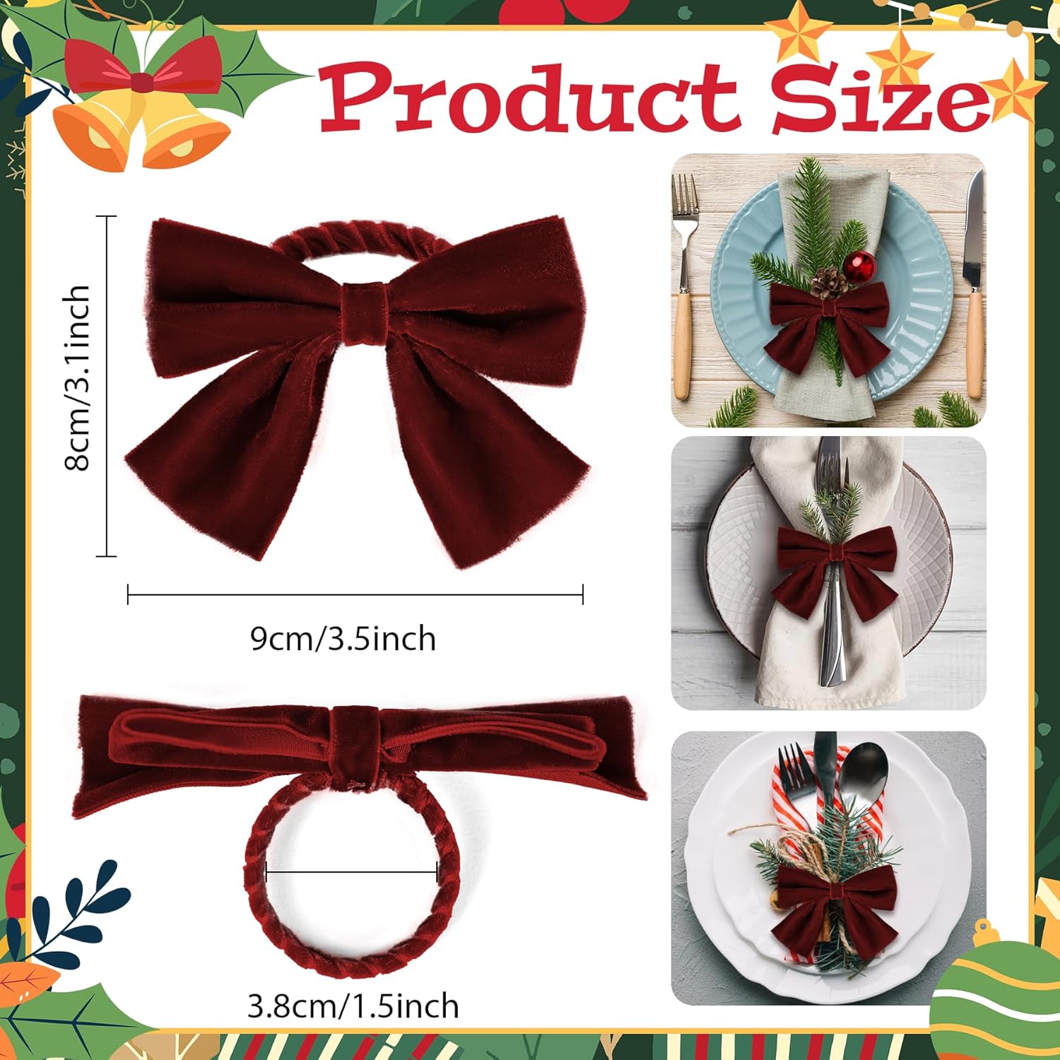 12 Pcs Burgundy Christmas Bow Napkin Rings,Chic Xmas Velvet Napkin Ring Holders for Holiday Serviette Birthday Anniversary Party Dinner Wedding Dining Tableware Decoration