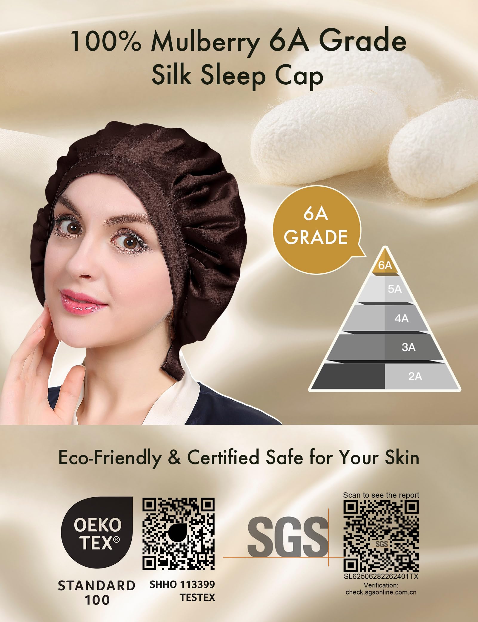 LilySilk 100% Mulberry Silk Adjustable Sleep Bonnet, Medium