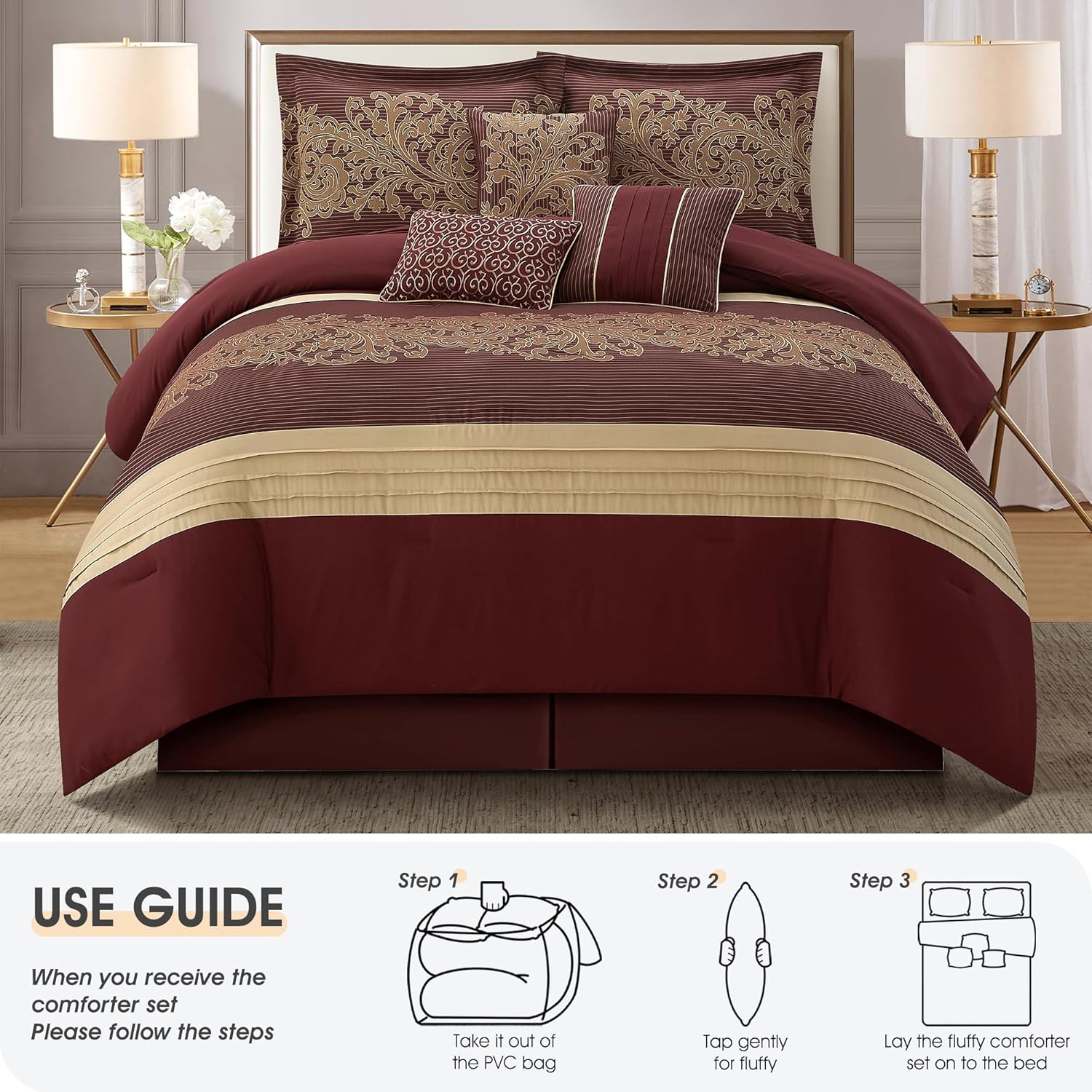 Red Gold Comforter Set, Queen, Damask Jacquard with Matching Solid Piece Work, 7 Piece Soft Bedding Set for All Season, Bed Skirt, Pillow Shams and Decorative Pillows - Image 6
