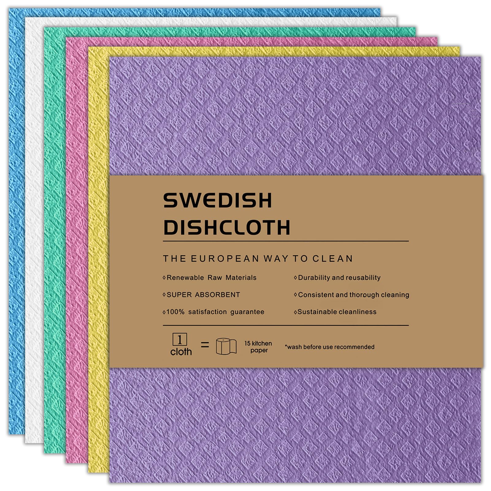 AlGuirnex Swedish Dishcloth Set of 6 - Reusable Dish Cloths 100% Biodegradable & Compostable Sponge Cloths, Food-Safe & Plastic-Free Kitchen Cleaning Cloth Suitable for Any Surface (6 bright colours)