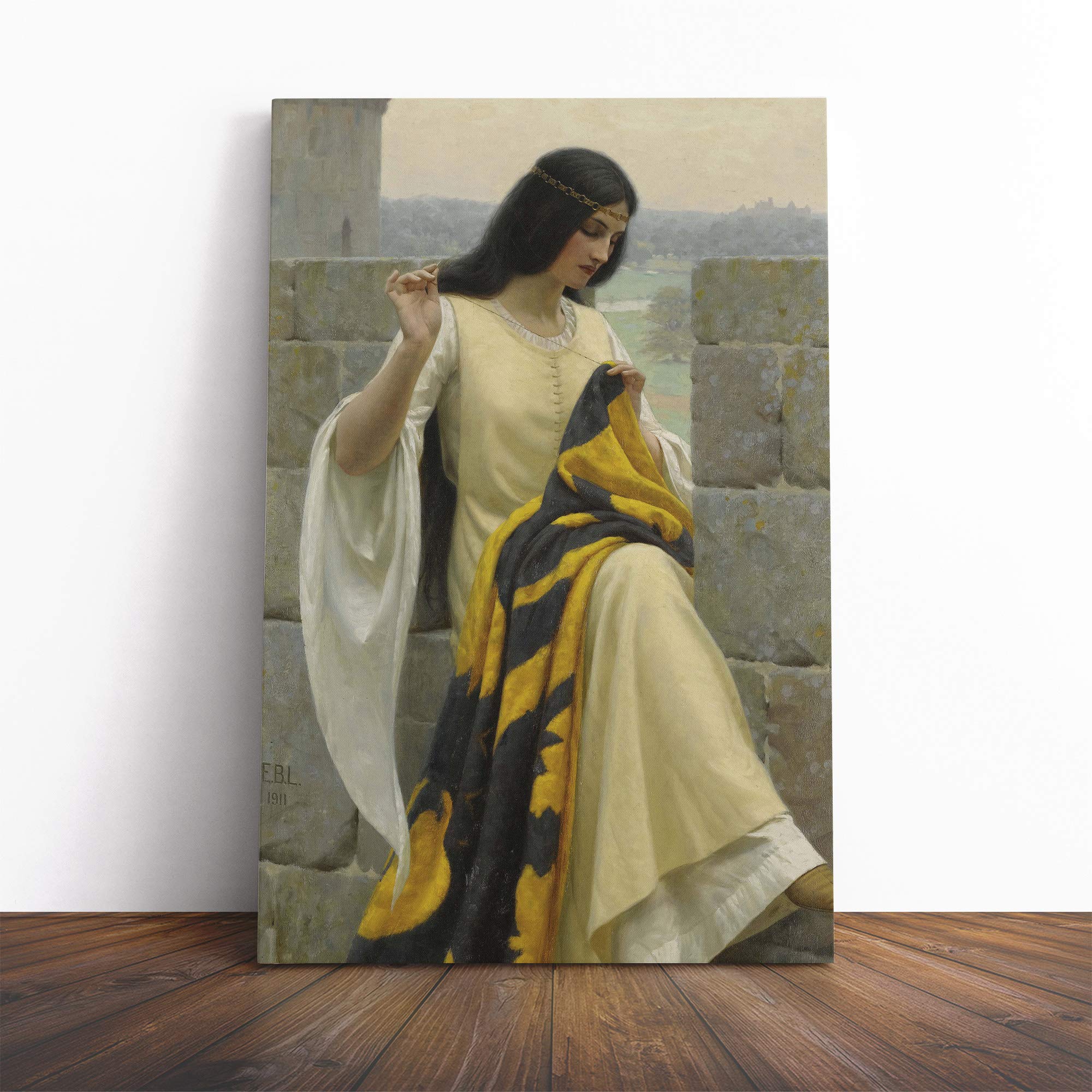Edmund Leighton Stitching The Standard Canvas Print | Gallery Wrapped 30mm Frame Wall Art | 24x16 inches | Ready to Hang | Modern Picture | Living Room Bedroom Lounge Office