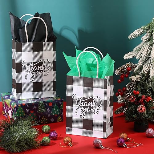 Miniatura 5 de Cholemy 50 bolsas de Navidad a cuadros con 50 hojas de papel de seda de 8.3 x 5.9 x 3.15 pulgadas, bolsas de regalo de Navidad de agradecimiento,