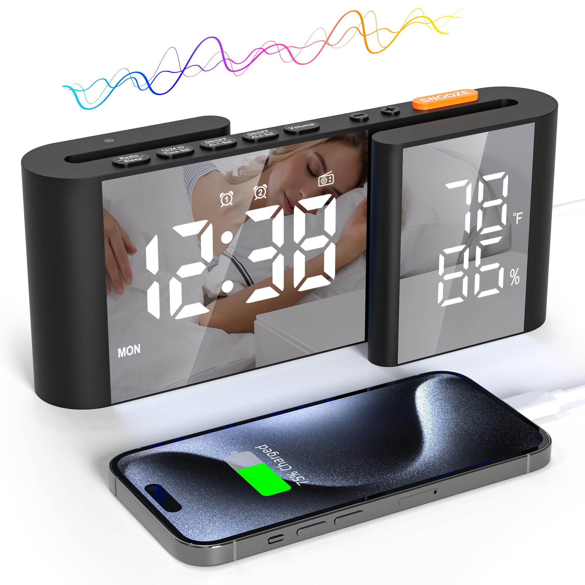 Réveil Numérique Horloge Radio avec Affichage Température et de l'humidité 15 Niveaux Volume Luminosité Réglable Noir-Blanc