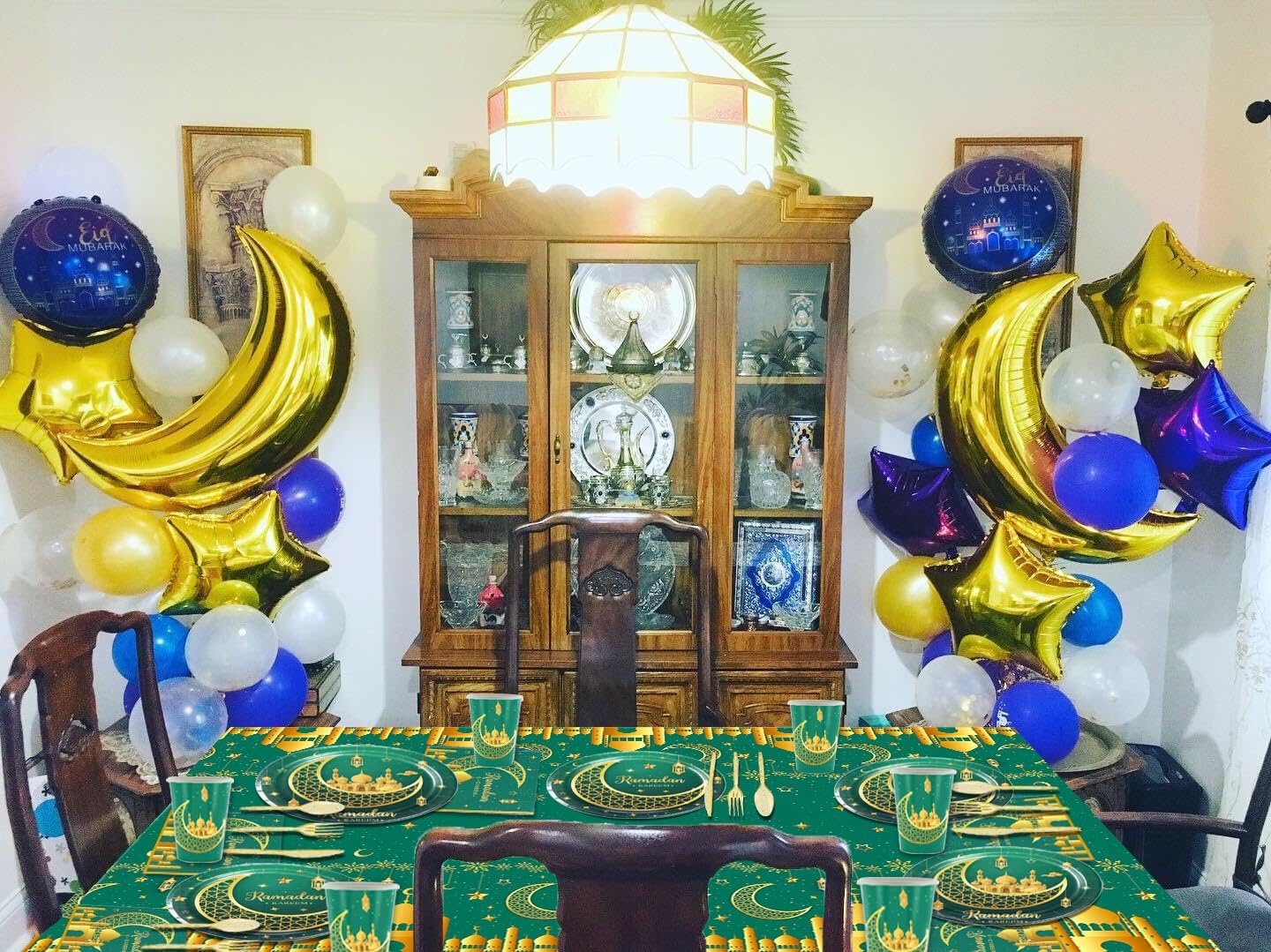 Ramadan Mubarak Supplies Eid Al-fitr Hari Raya Mosque Disposable Tablewares Green for 12-Persons Includes Paper Plates, Cups, Napkins, Set of Plastic Cutlery and Tablecloth …