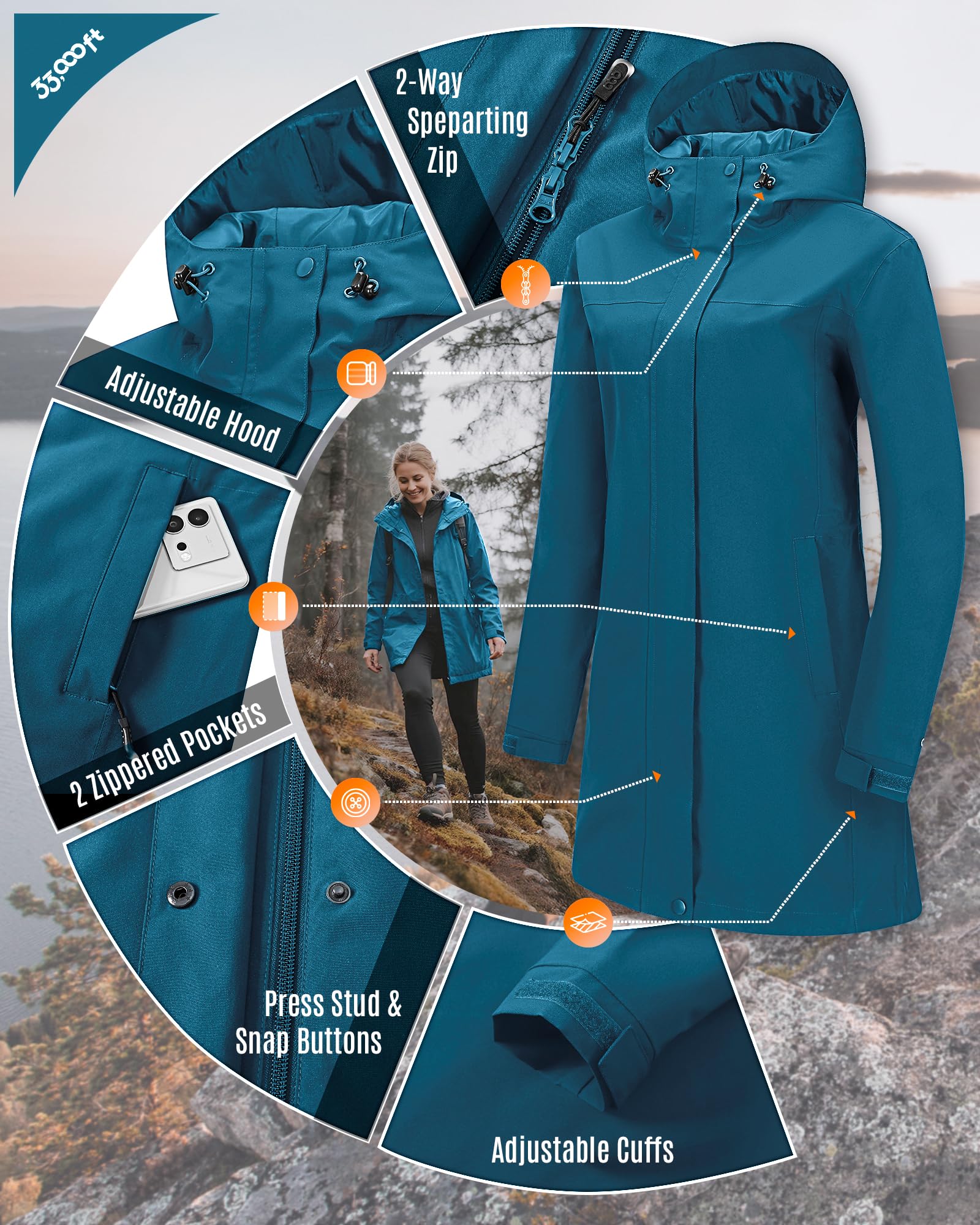33,000ft Damen Regenjacke Windbreaker Lange Wasserdichte Softshelljacke mit Kapuze Leicht Übergangsjacke Wanderjacke Atmungsaktive Regenmantel für Frühling Sommer und Herbst