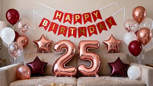 Decoraciones para fiesta de cumpleaños número 25, color oro rosa para mujer, pancarta de cumpleaños, globos de color rojo rosa con número 25, globos