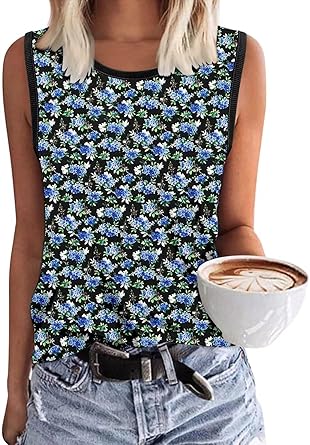 KISSMODA Womens Flora Print Tank Tops Ribbed Summer Shirt Sleeveless Summer Casual Women Blouses(S-3XL)
