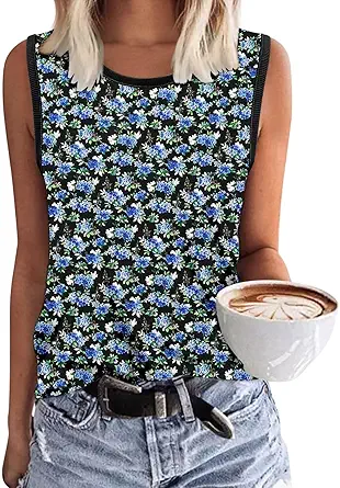 KISSMODA Womens Flora Print Tank Tops Ribbed Summer Shirt Sleeveless Summer Casual Women Blouses(S-3XL)