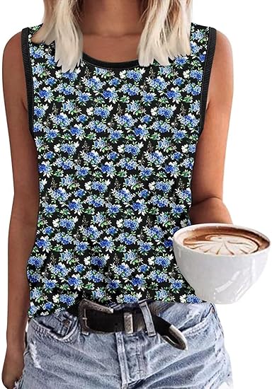 KISSMODA Womens Flora Print Tank Tops Ribbed Summer Shirt Sleeveless Summer Casual Women Blouses(S-3XL)