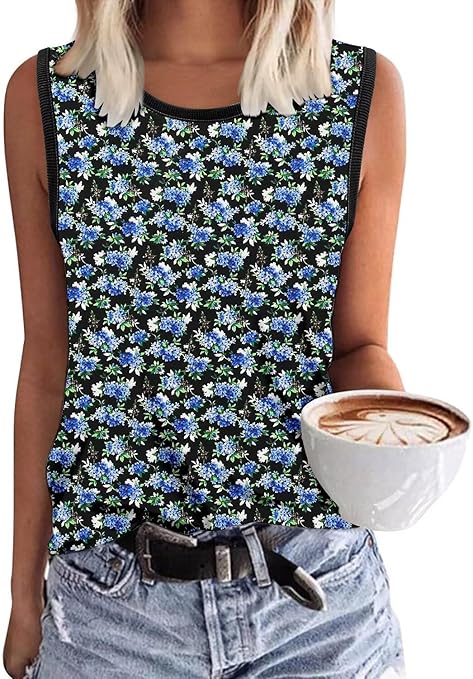 KISSMODA Womens Flora Print Tank Tops Ribbed Summer Shirt Sleeveless Summer Casual Women Blouses(S-3XL)
