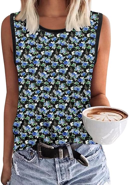 KISSMODA Womens Flora Print Tank Tops Ribbed Summer Shirt Sleeveless Summer Casual Women Blouses(S-3XL)
